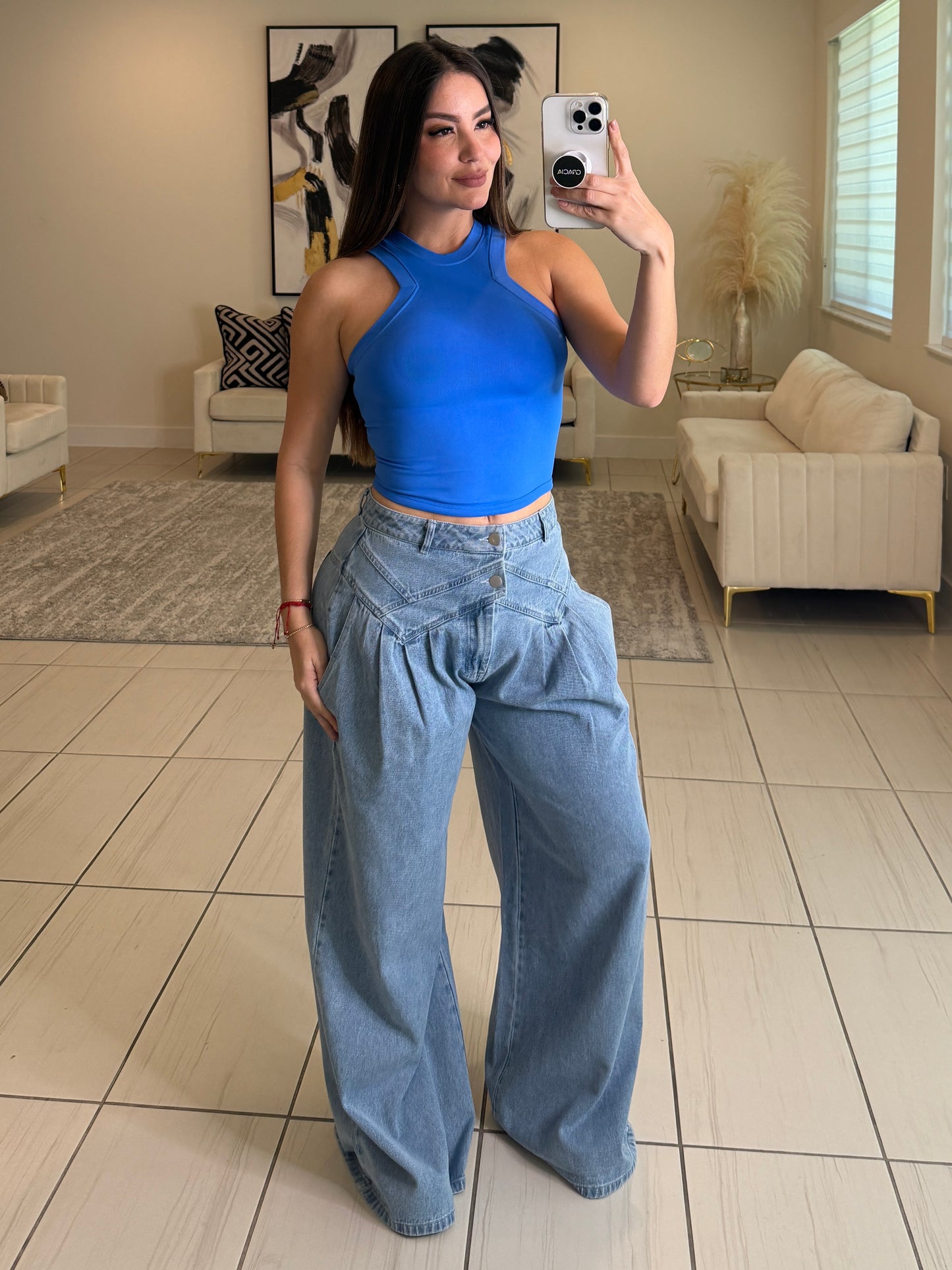 Pintuck Wide Leg Denim Pants