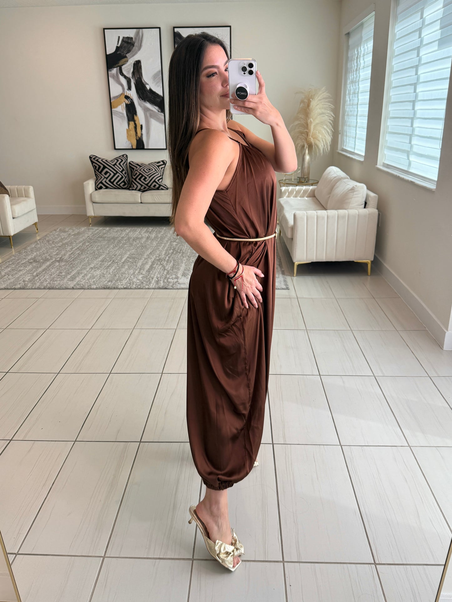 Effortless Essence Ruched Brown Jumpsuit