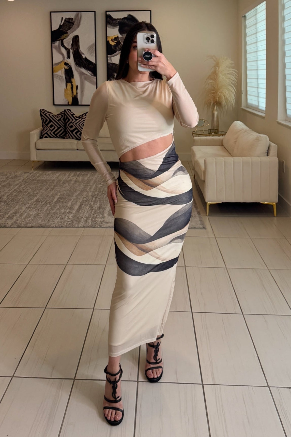 The Luna Mesh Beige Midi Dress
