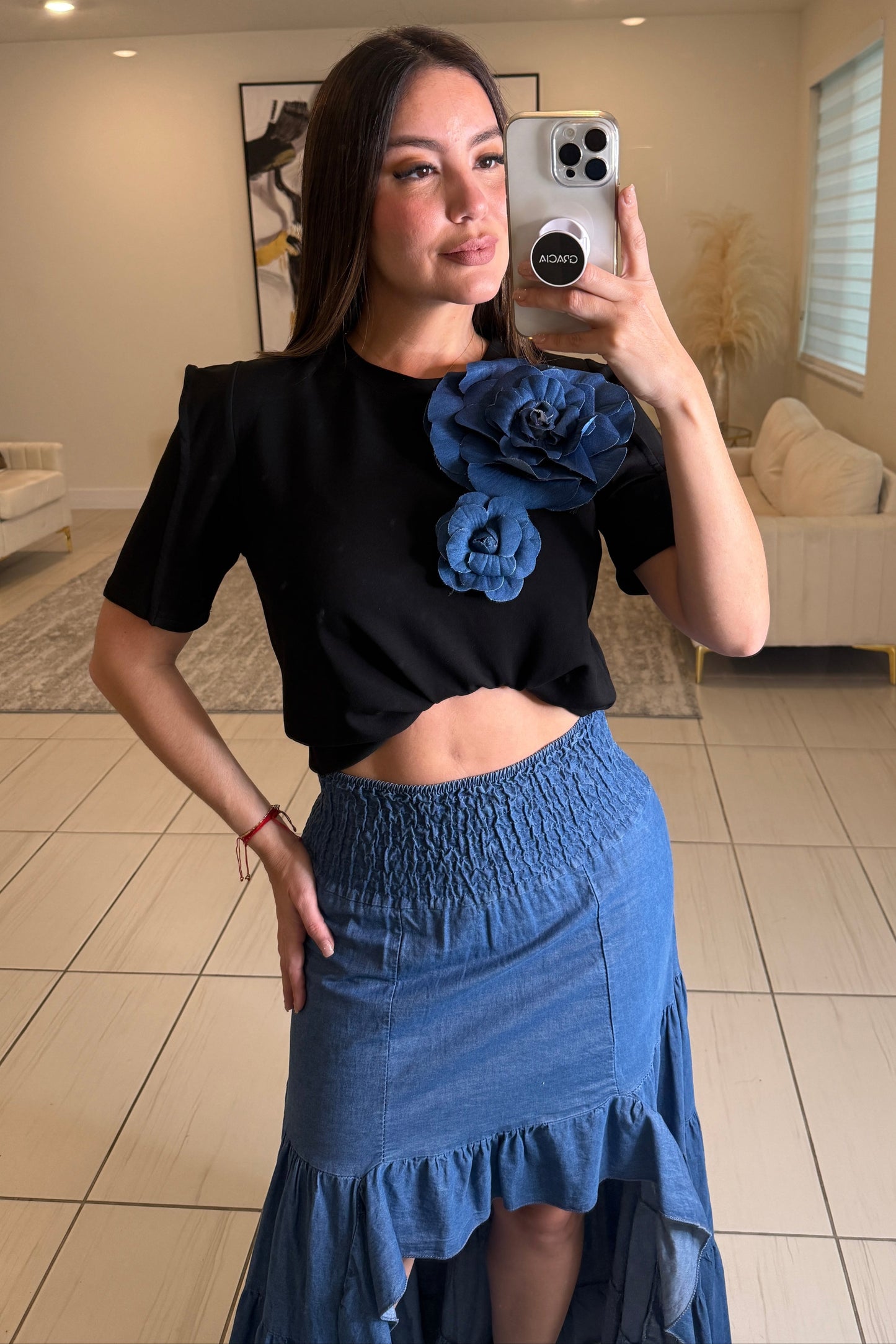 Petal Denim Black Top