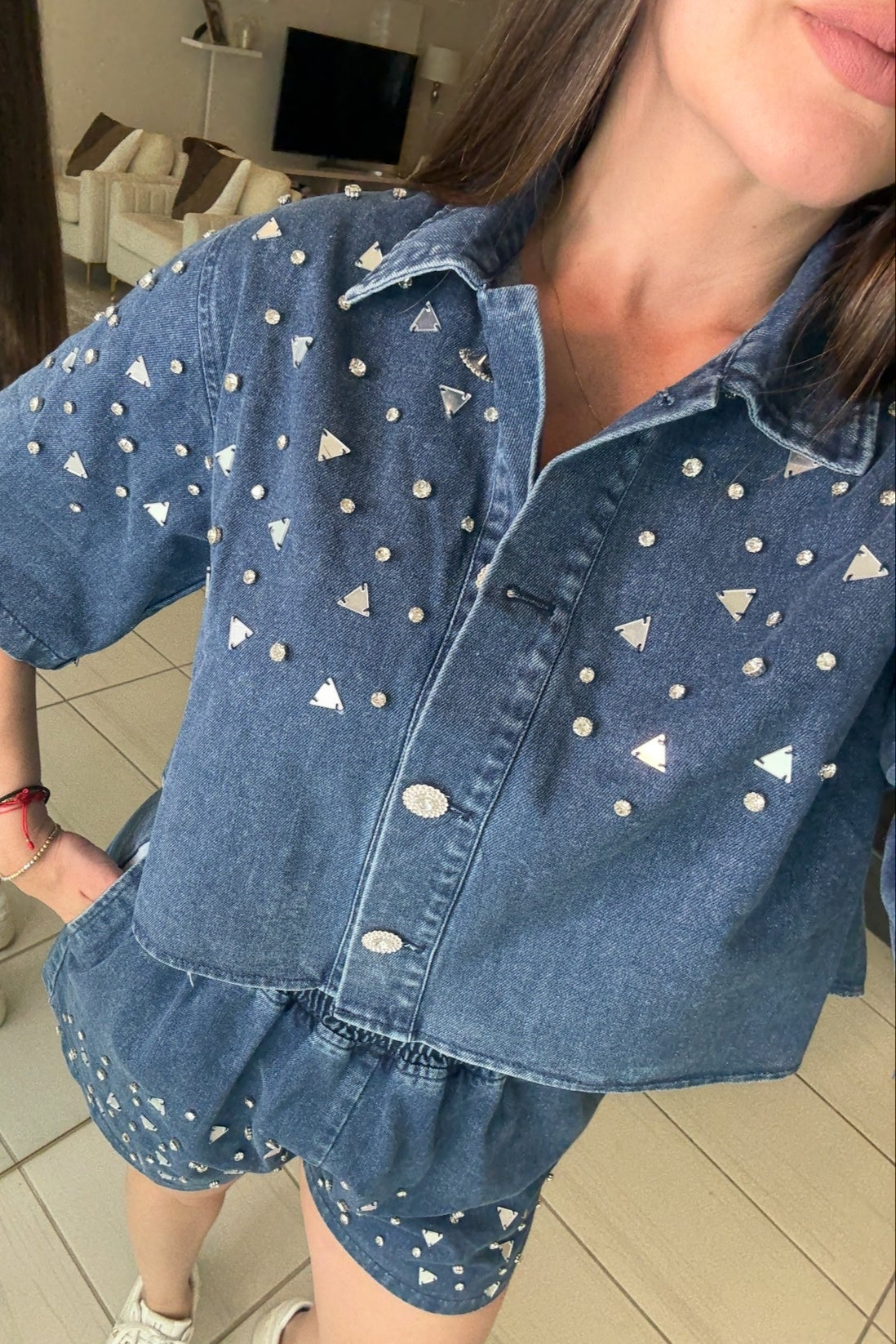 Shiny Mirrors Denim Short Set