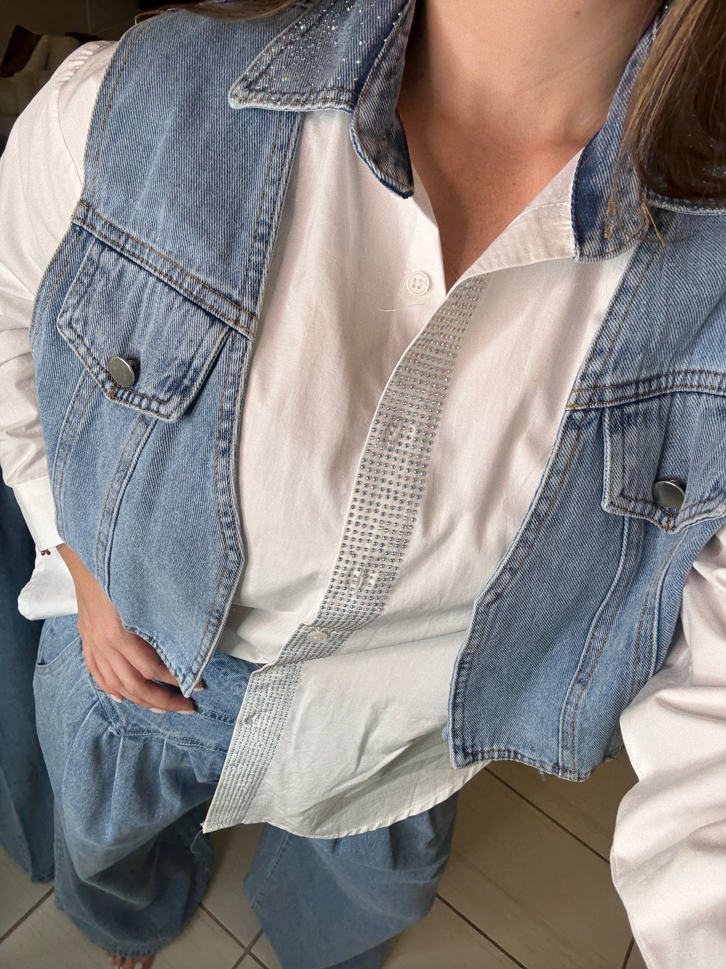 Sparkle Contrast White and Denim Shirt
