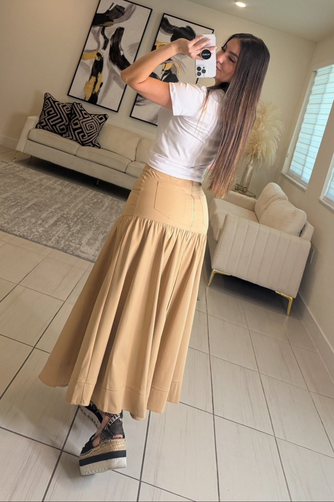 Vibe Check Khaki Midi Skirt
