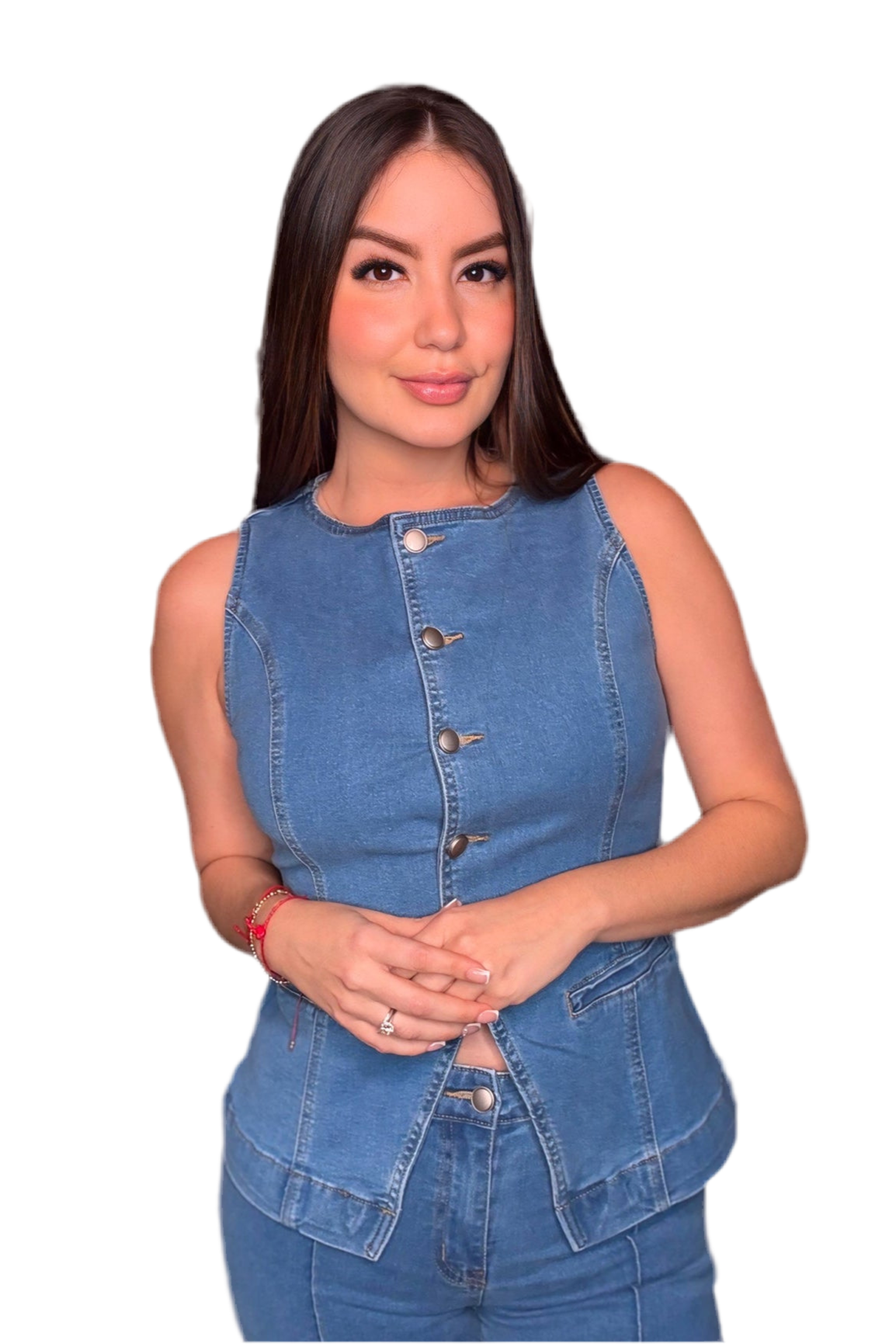 Crewneck Long Line Stretch Denim Pants Set