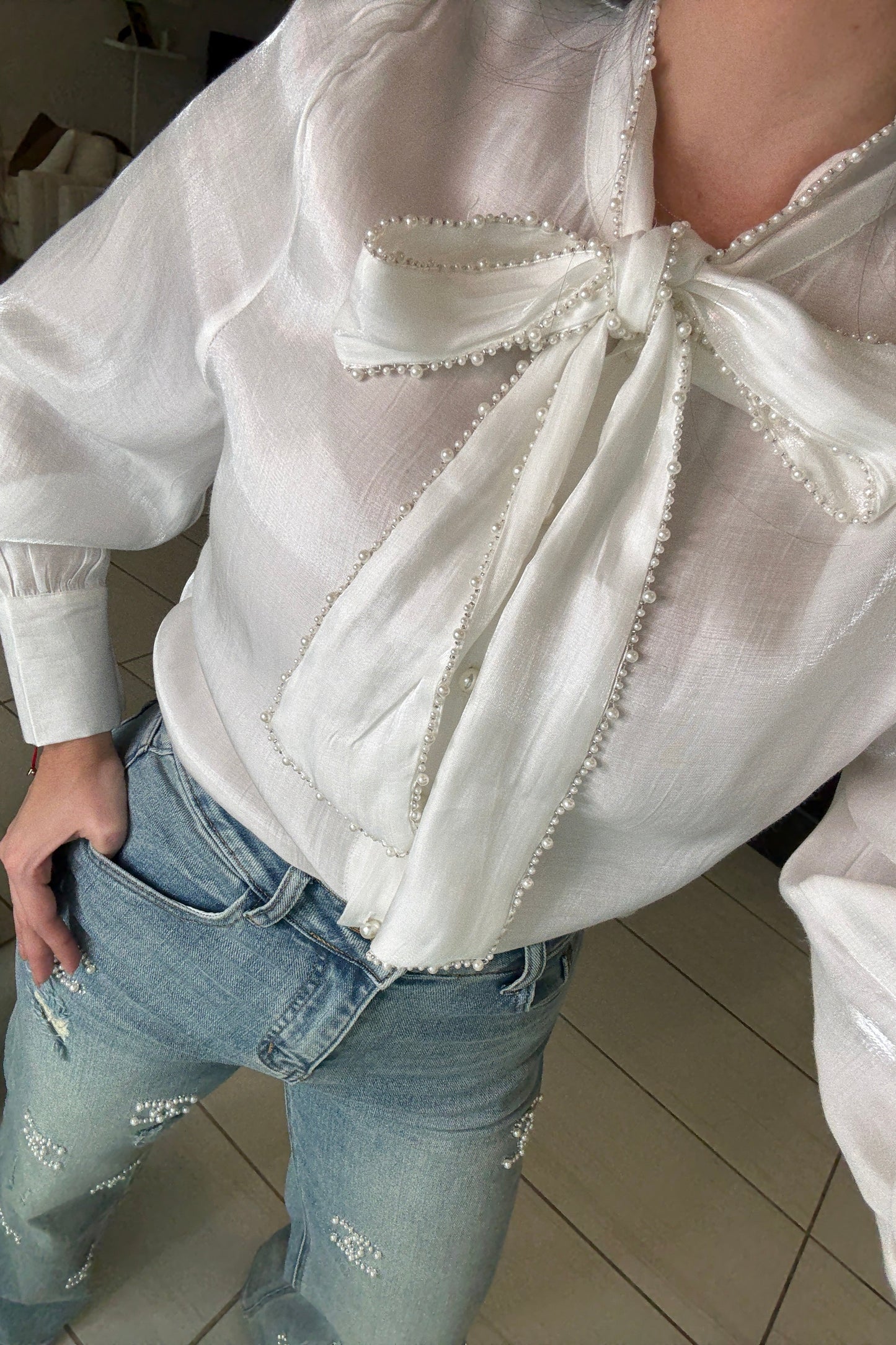 Pearl Embroidery Off White Top
