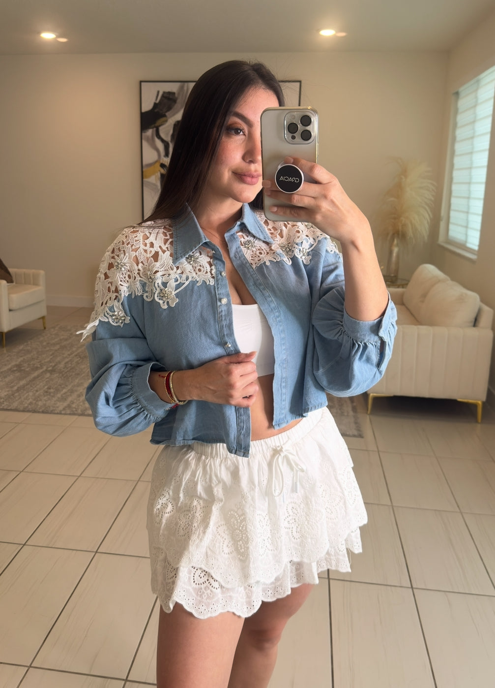 Regal Charm Lace Denim Top
