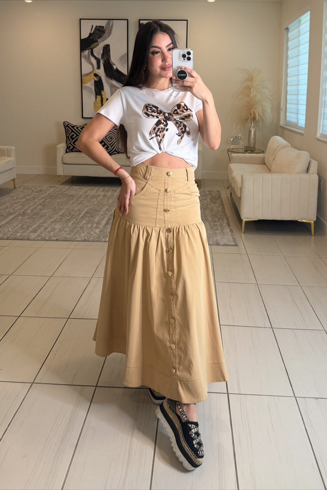 Vibe Check Khaki Midi Skirt