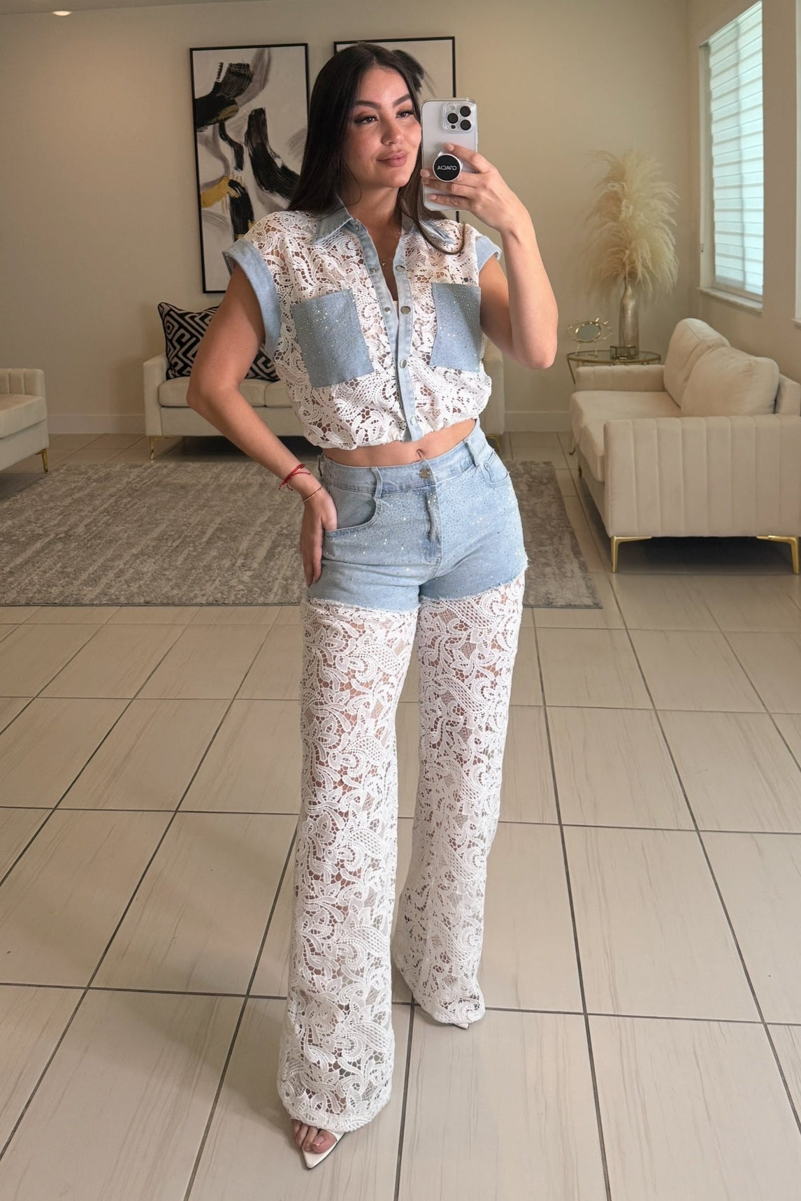 Contrast Embroidery with Shiny Denim Pants Set