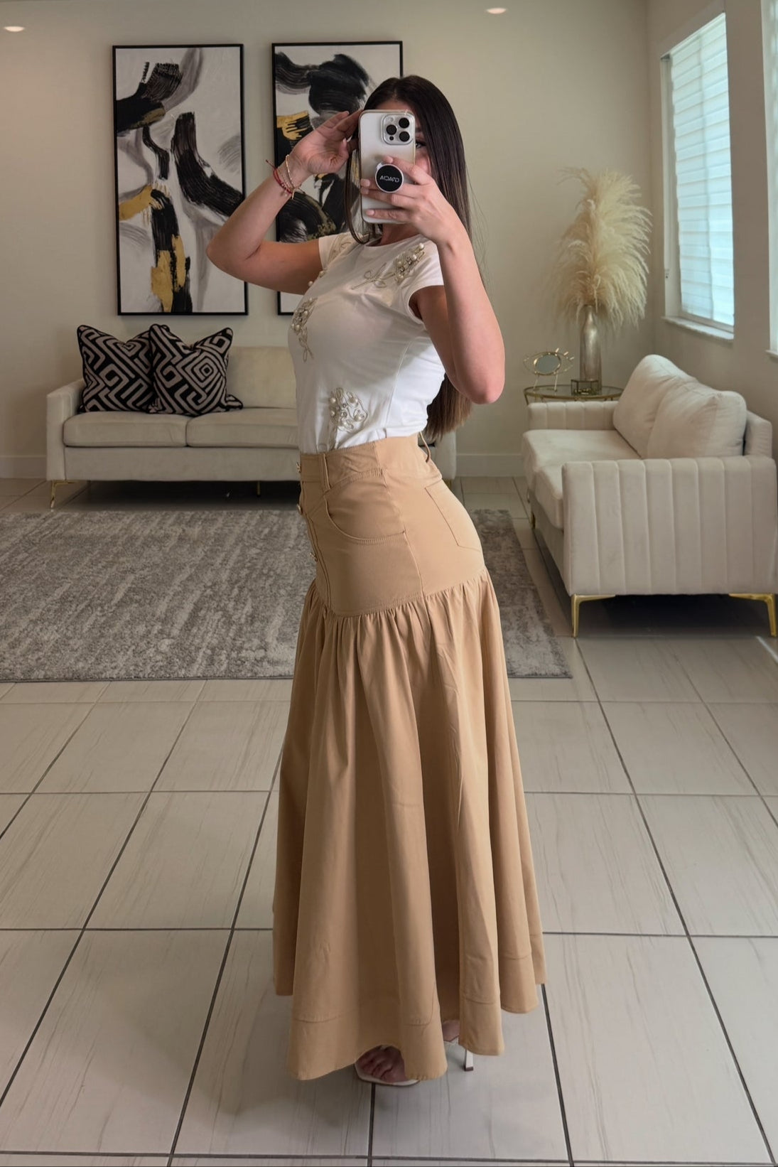 Vibe Check Khaki Midi Skirt