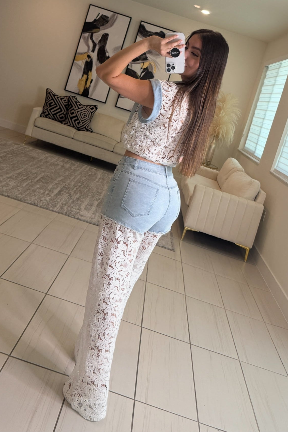 Contrast Embroidery with Shiny Denim Pants Set