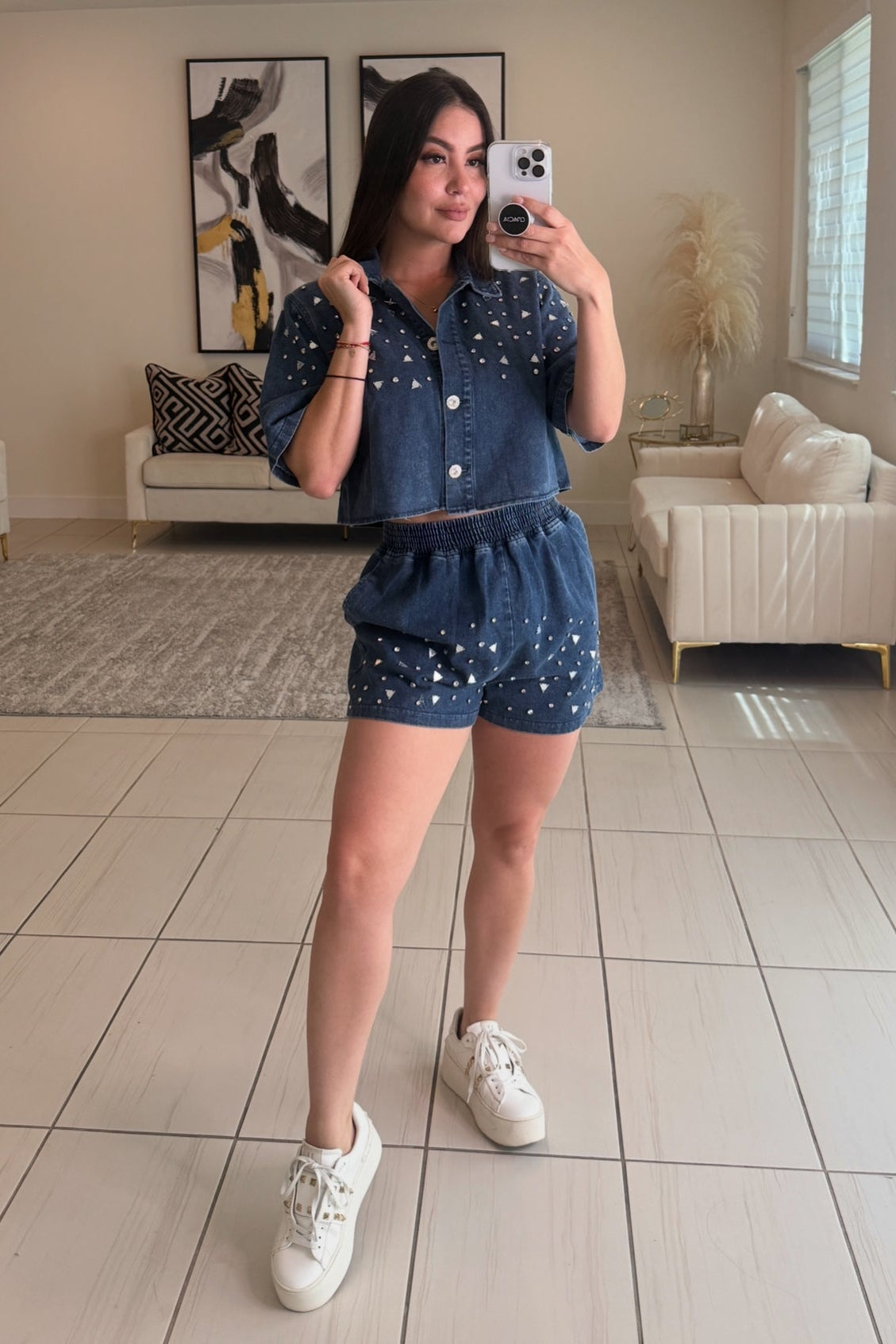 Shiny Mirrors Denim Short Set
