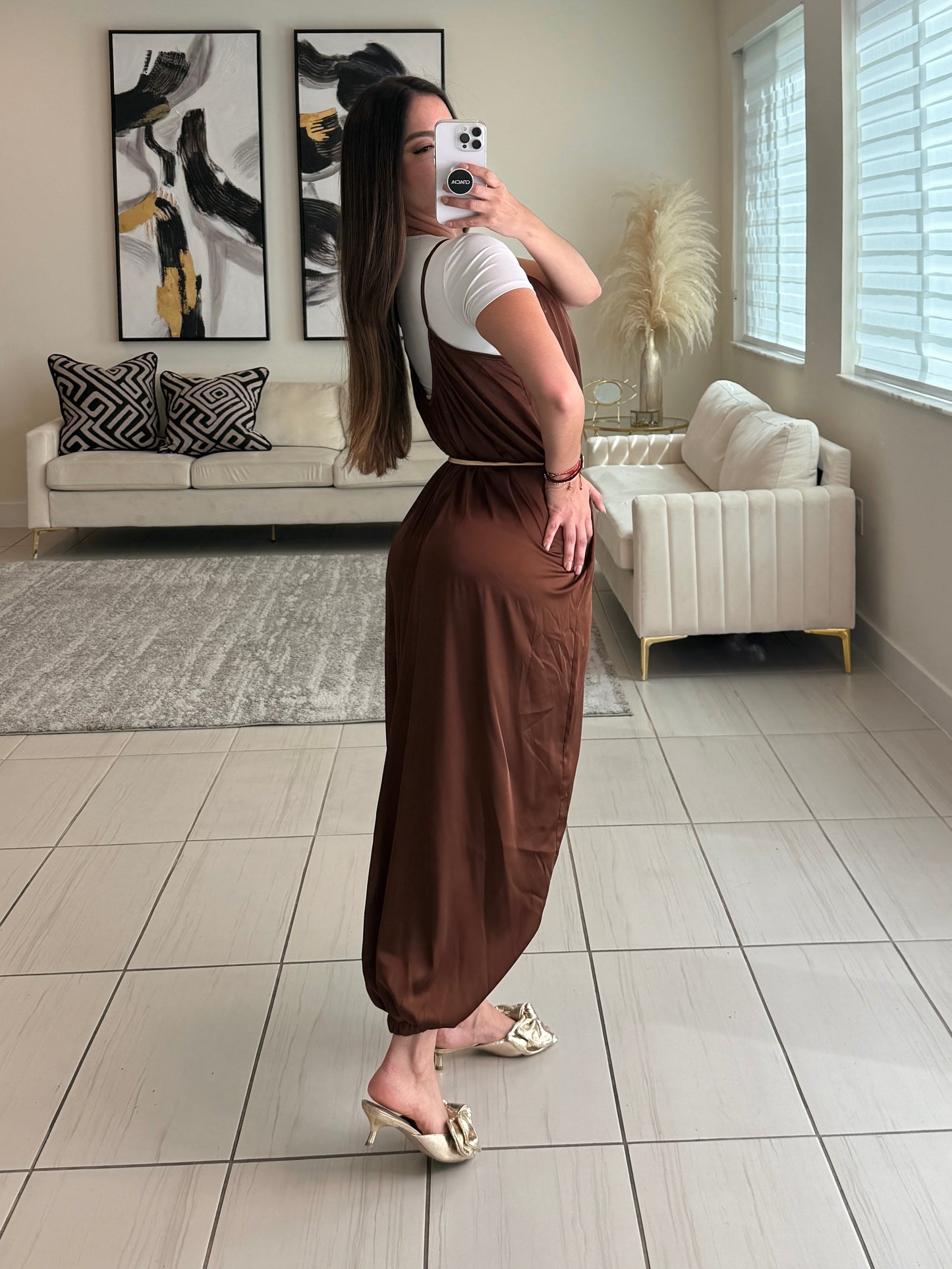 Effortless Essence Ruched Brown Jumpsuit