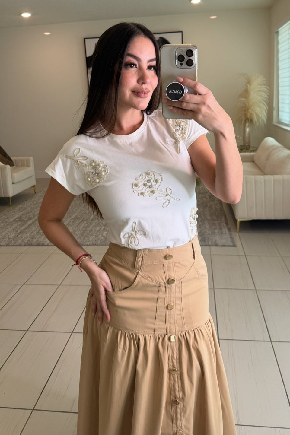 Vibe Check Khaki Midi Skirt