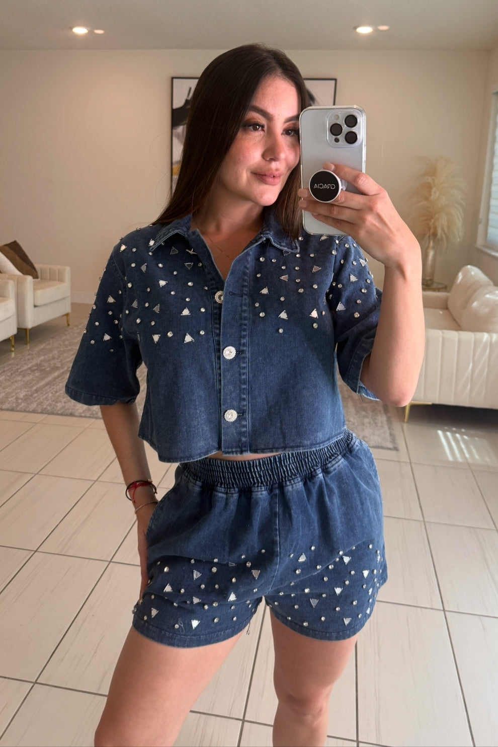 Shiny Mirrors Denim Short Set