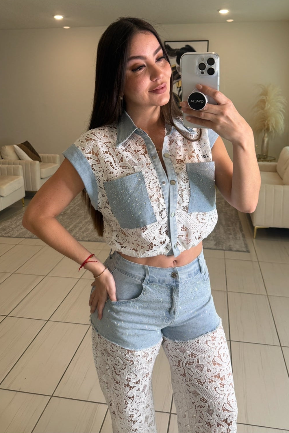 Contrast Embroidery with Shiny Denim Pants Set
