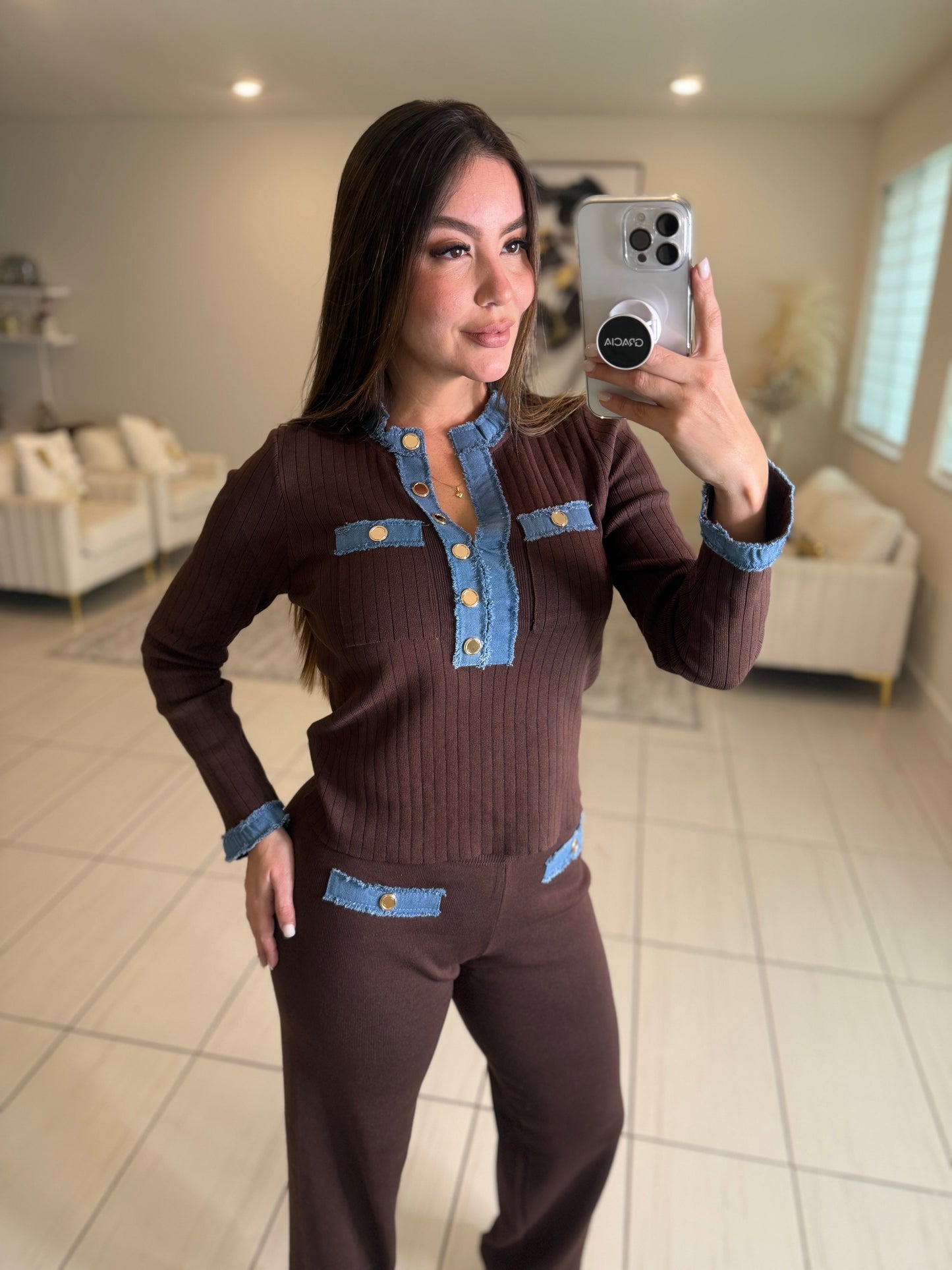 Modern Frame Knit Brown Pant Set