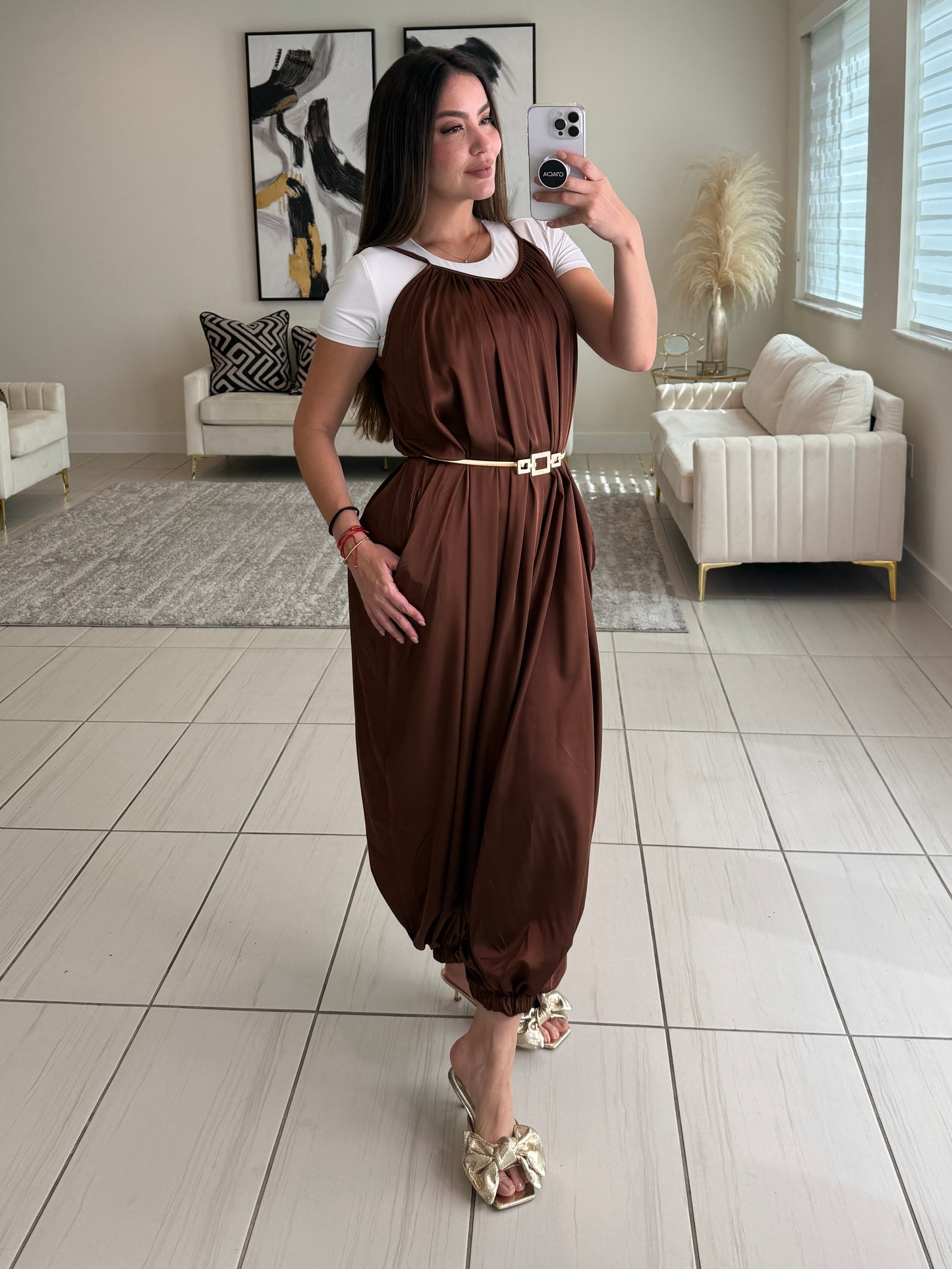 Effortless Essence Ruched Brown Jumpsuit
