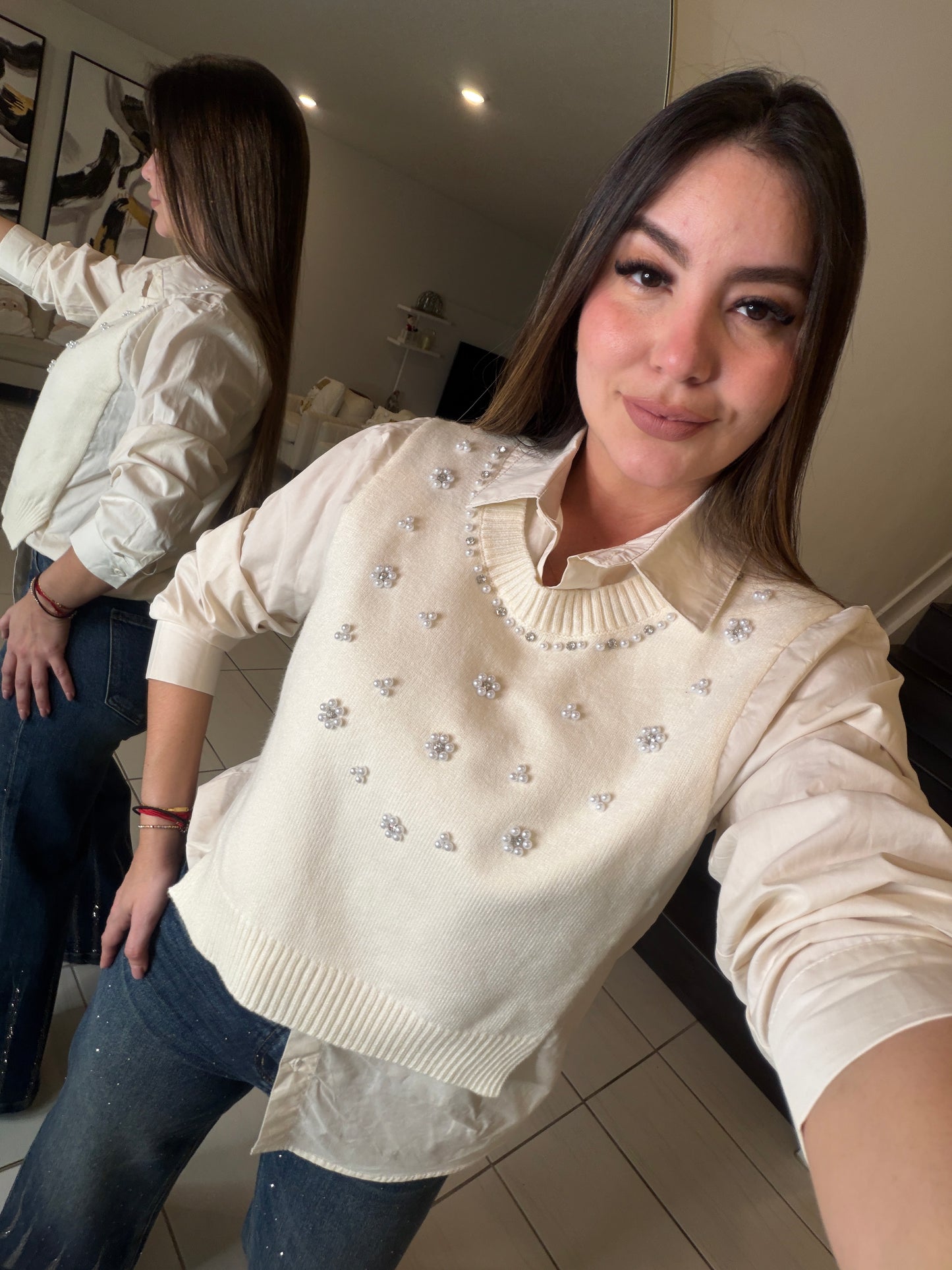 Parisian Pearls Beige Long-Sleeved Top