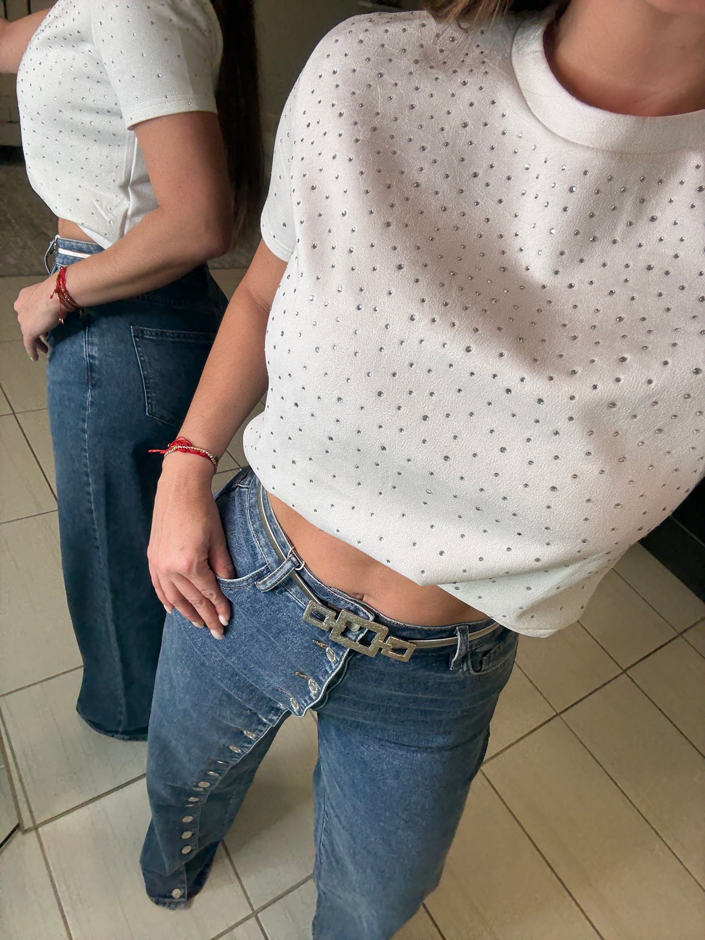 Rhinestones in Velvet White Top