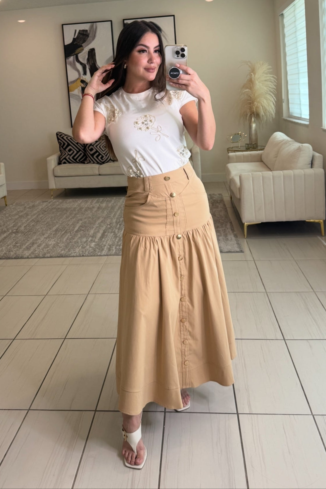 Vibe Check Khaki Midi Skirt