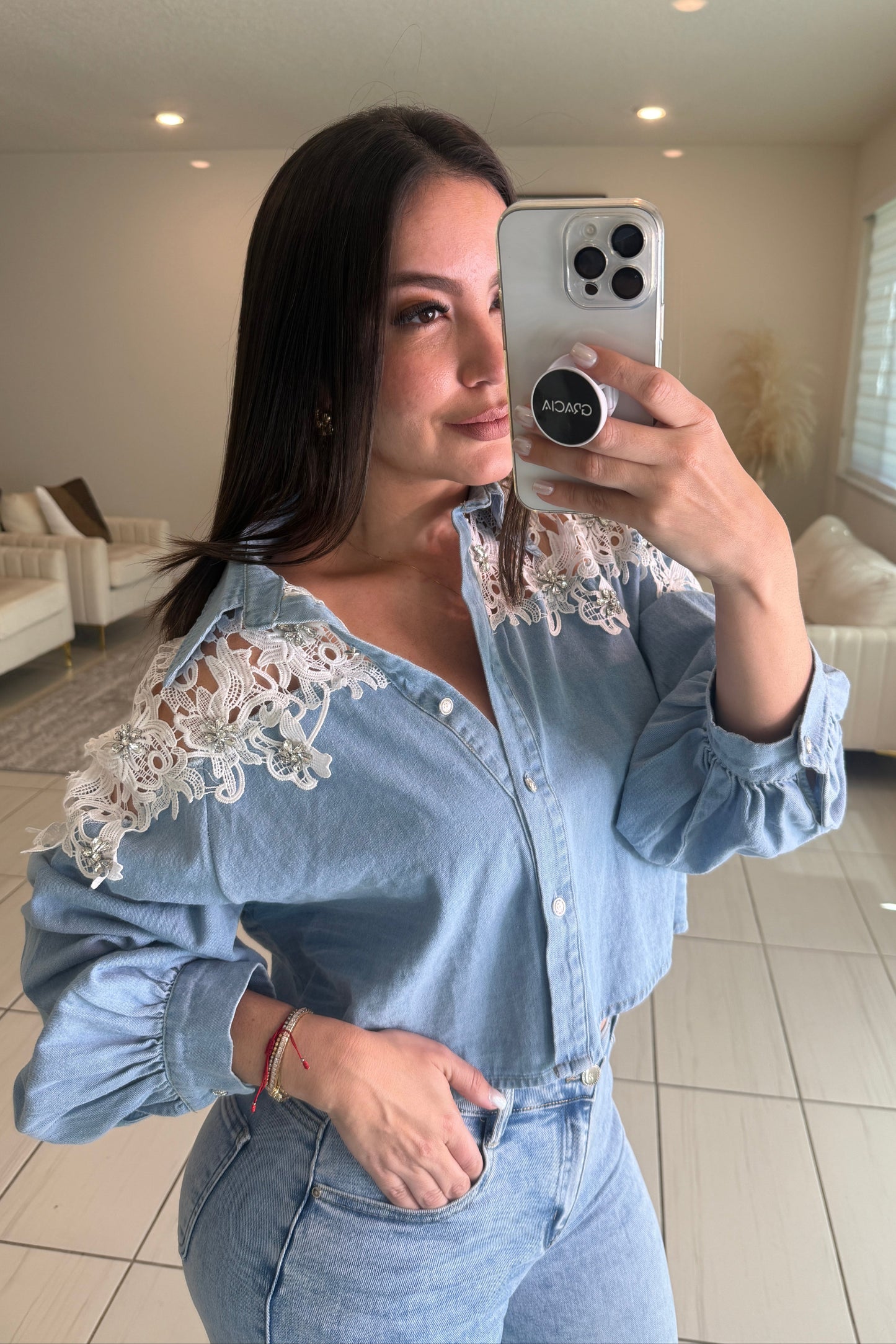 Regal Charm Lace Denim Top