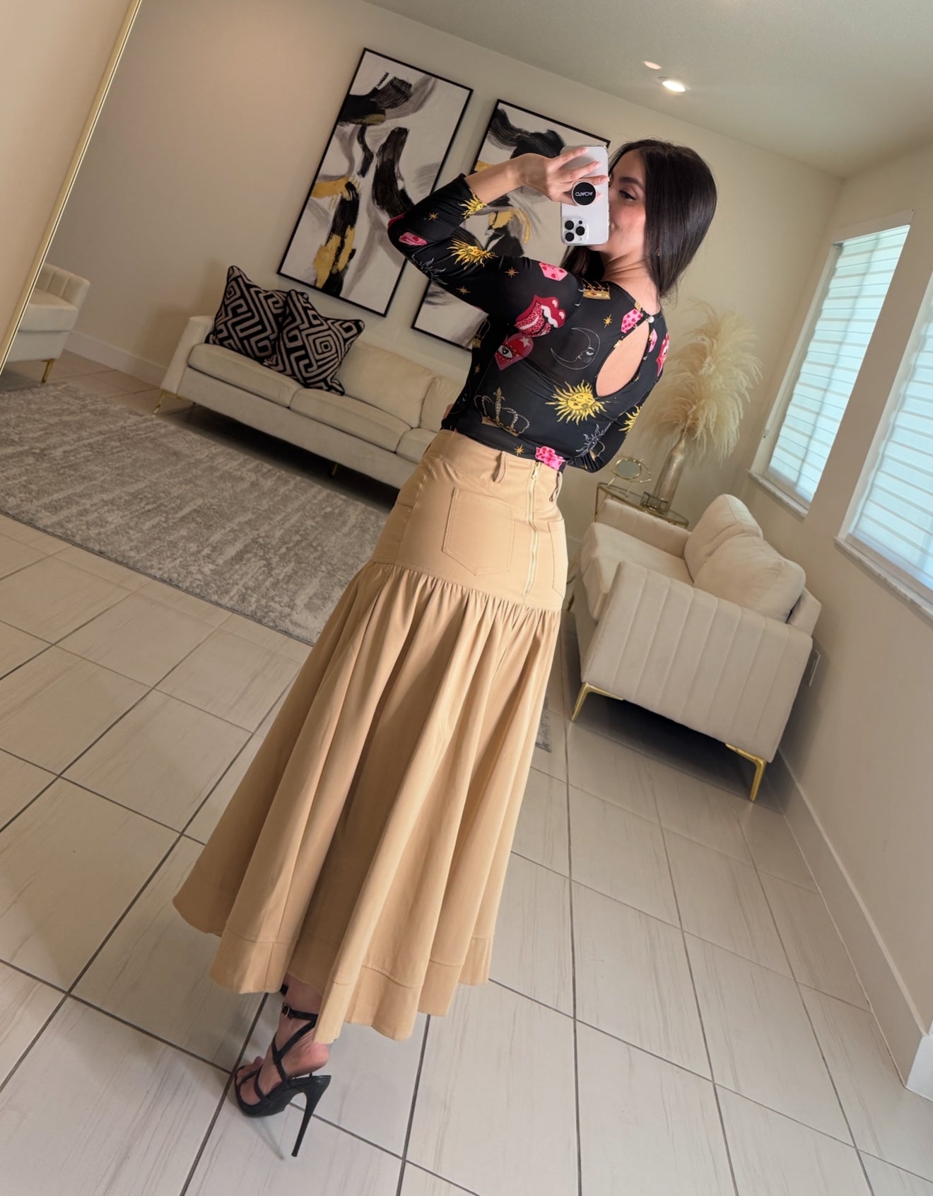 Vibe Check Khaki Midi Skirt