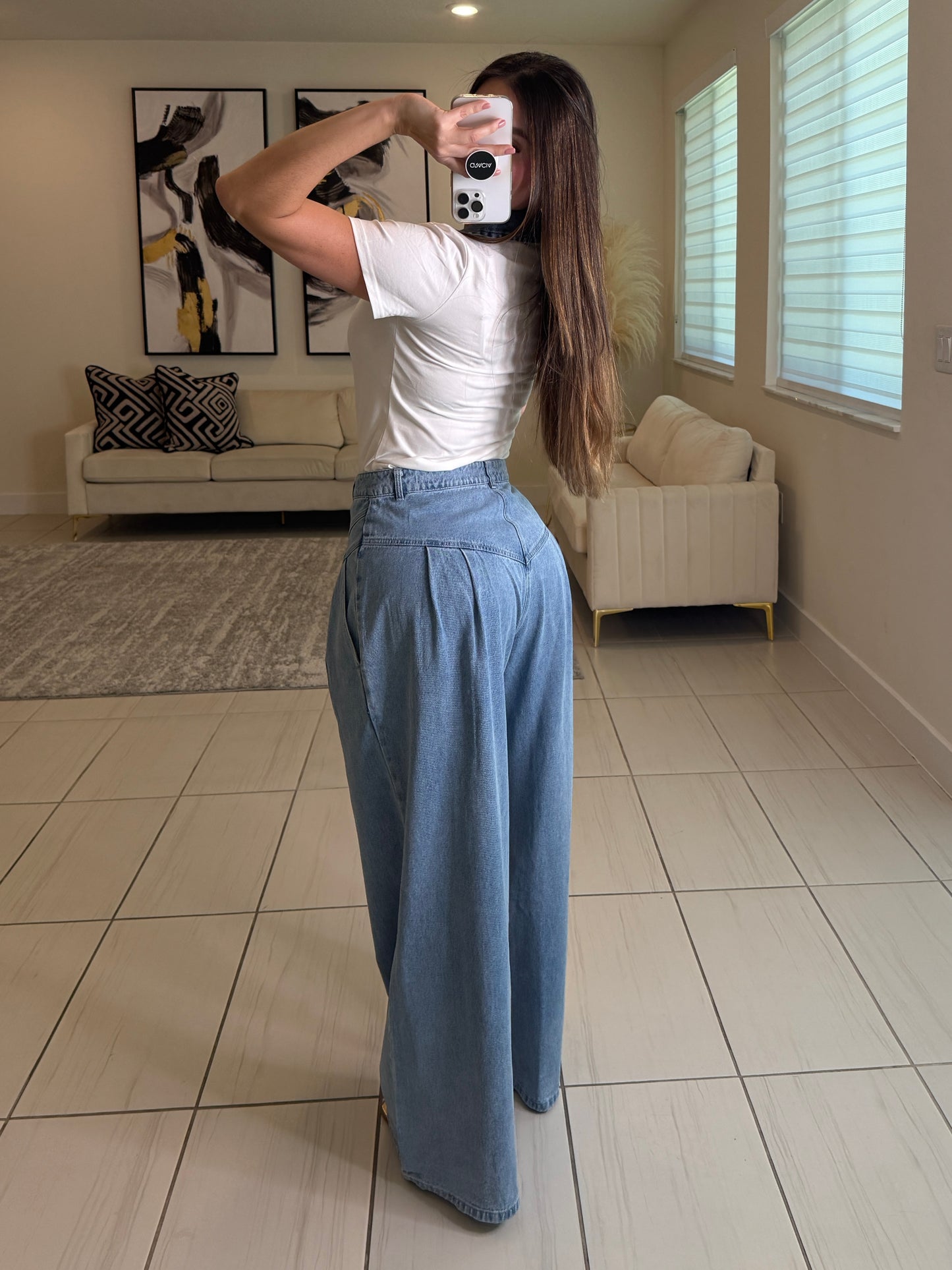 Pintuck Wide Leg Denim Pants