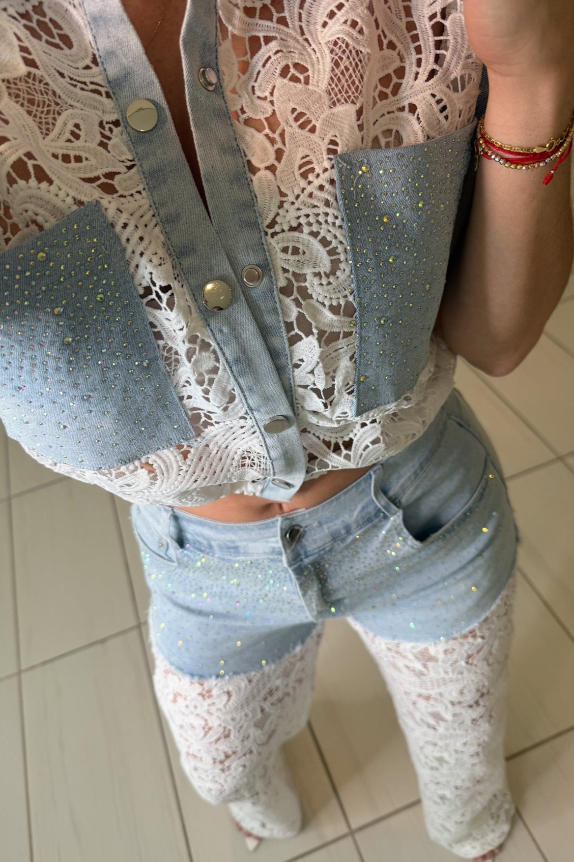 Contrast Embroidery with Shiny Denim Pants Set
