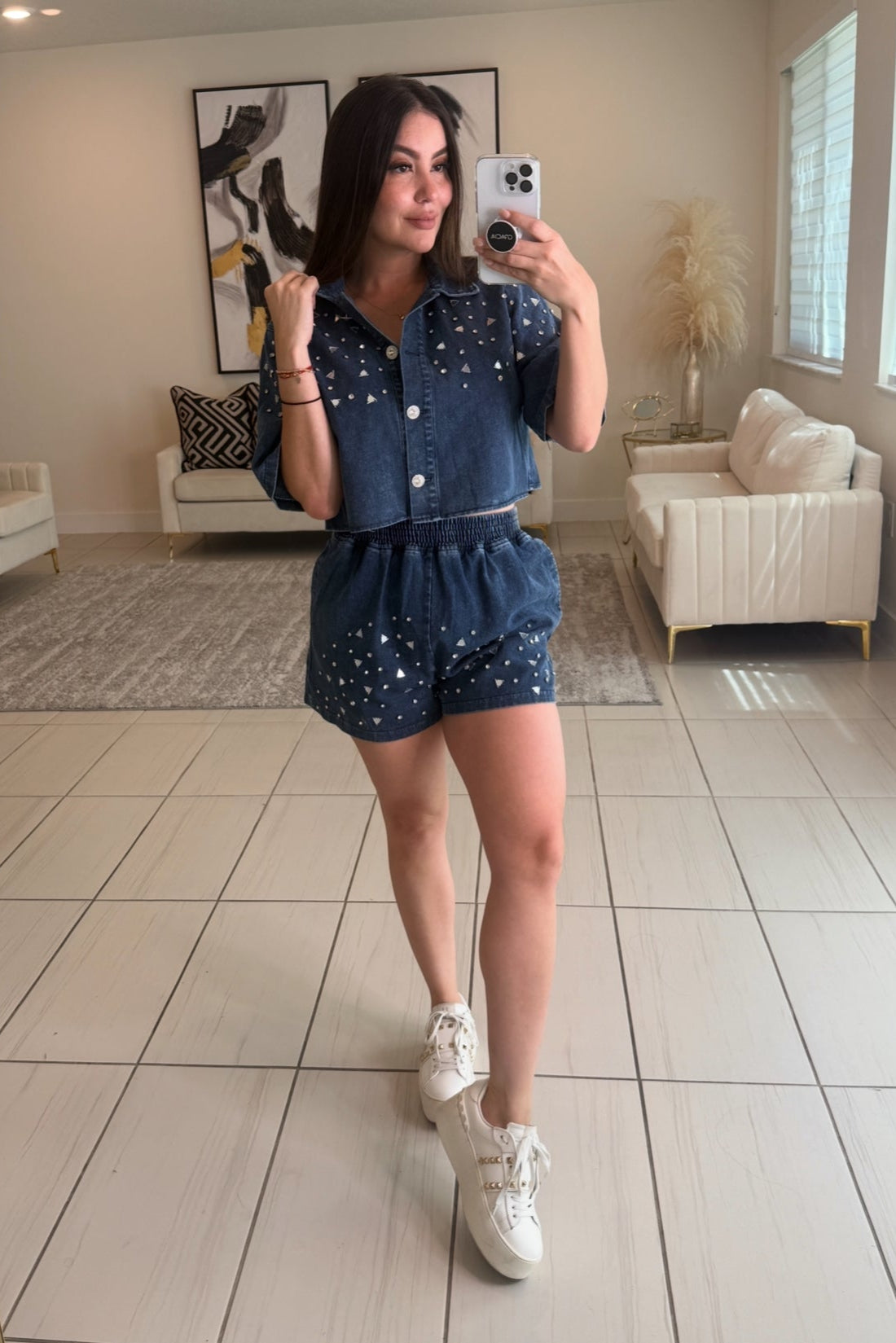 Shiny Mirrors Denim Short Set