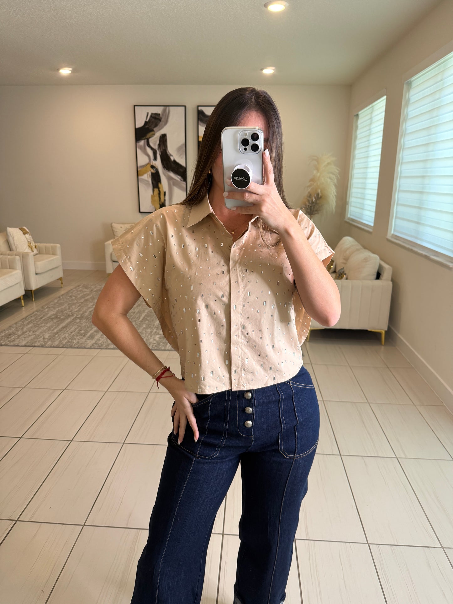 Frame Rhinestone Beige Top