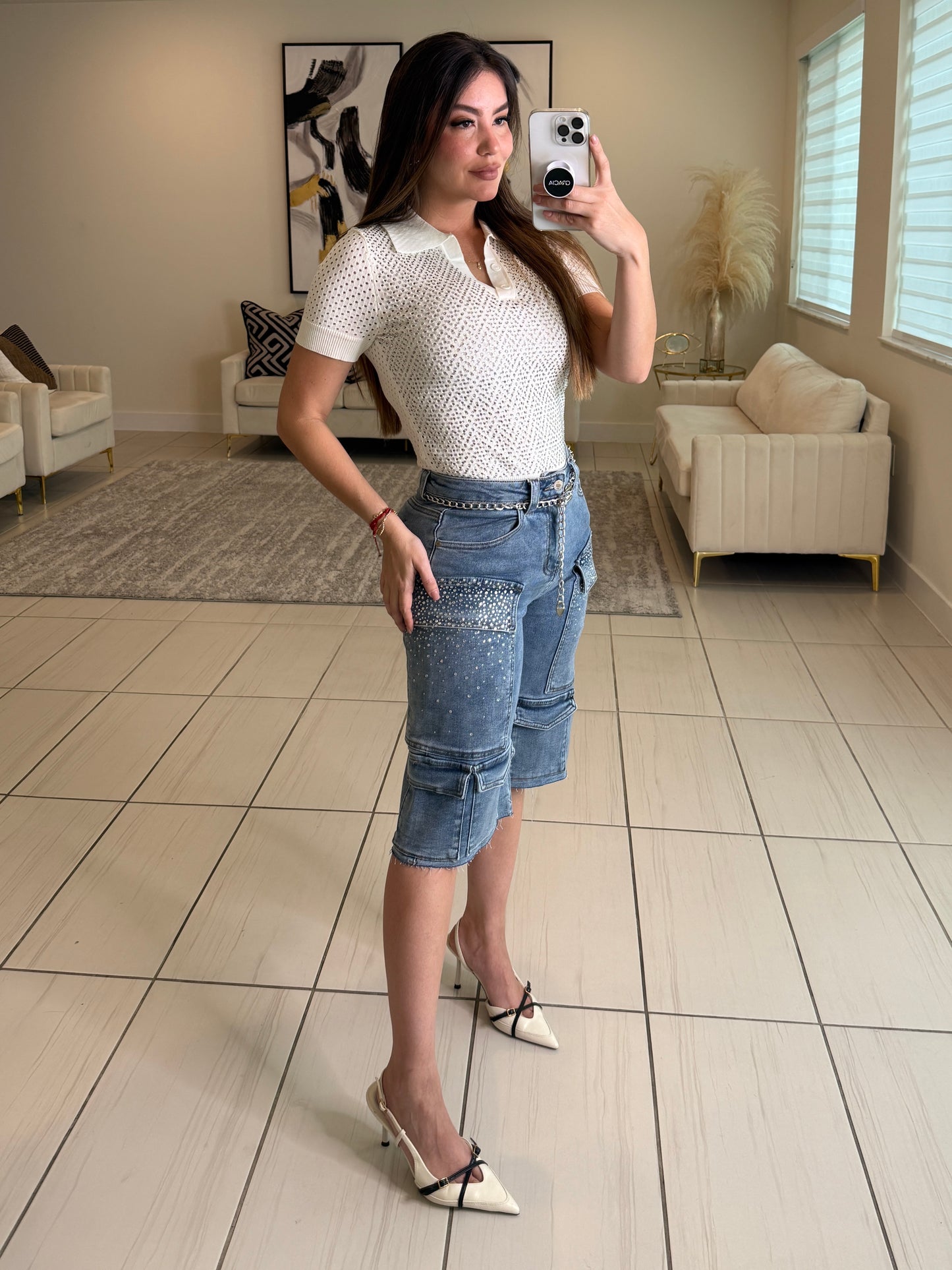 Shine Effect Knit White Top