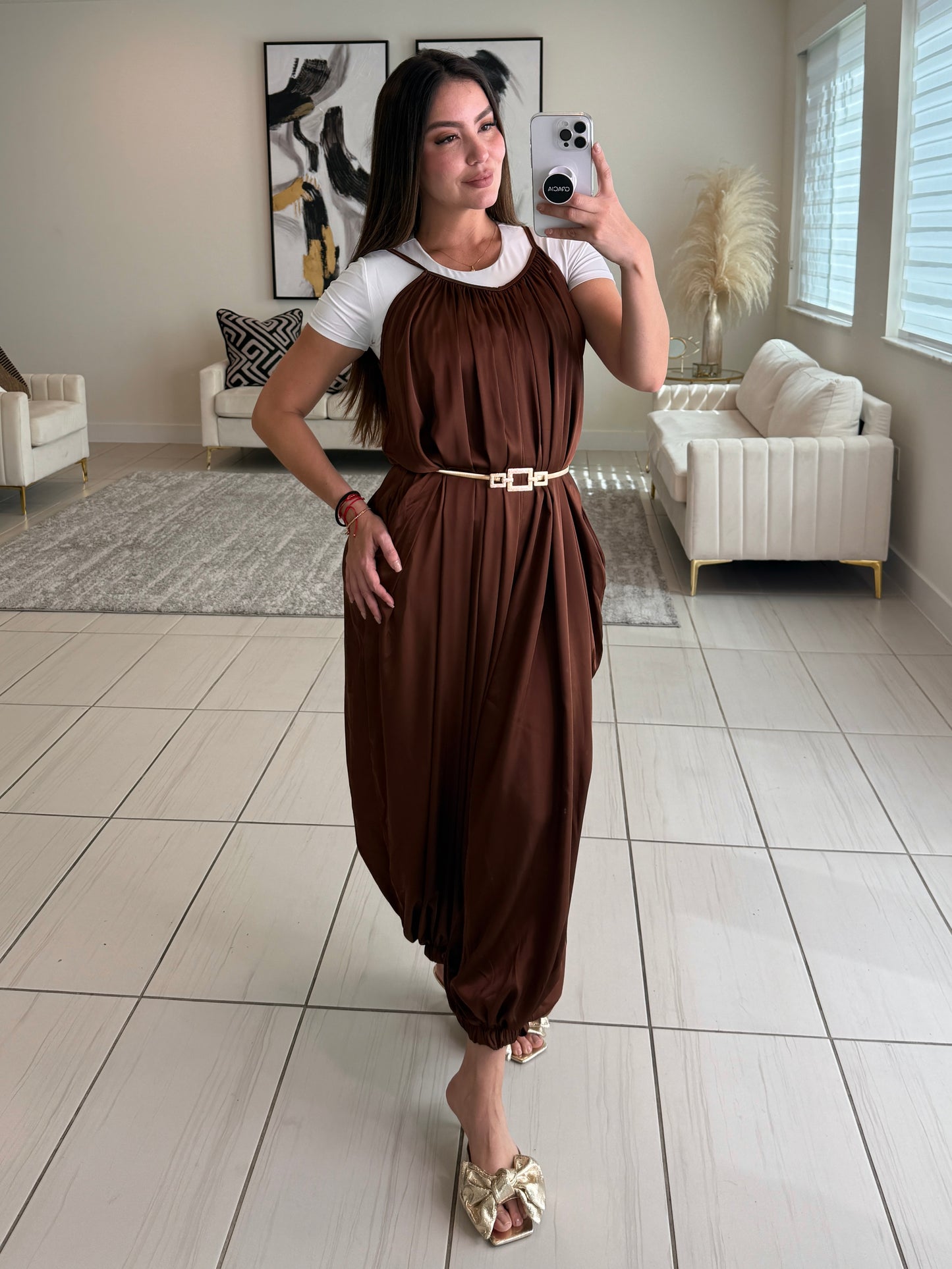 Effortless Essence Ruched Brown Jumpsuit