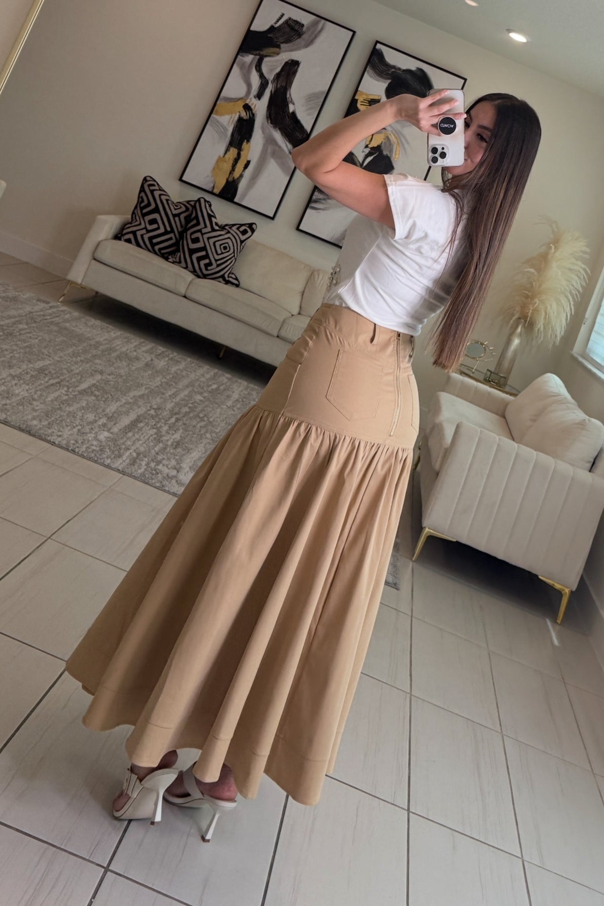 Vibe Check Khaki Midi Skirt