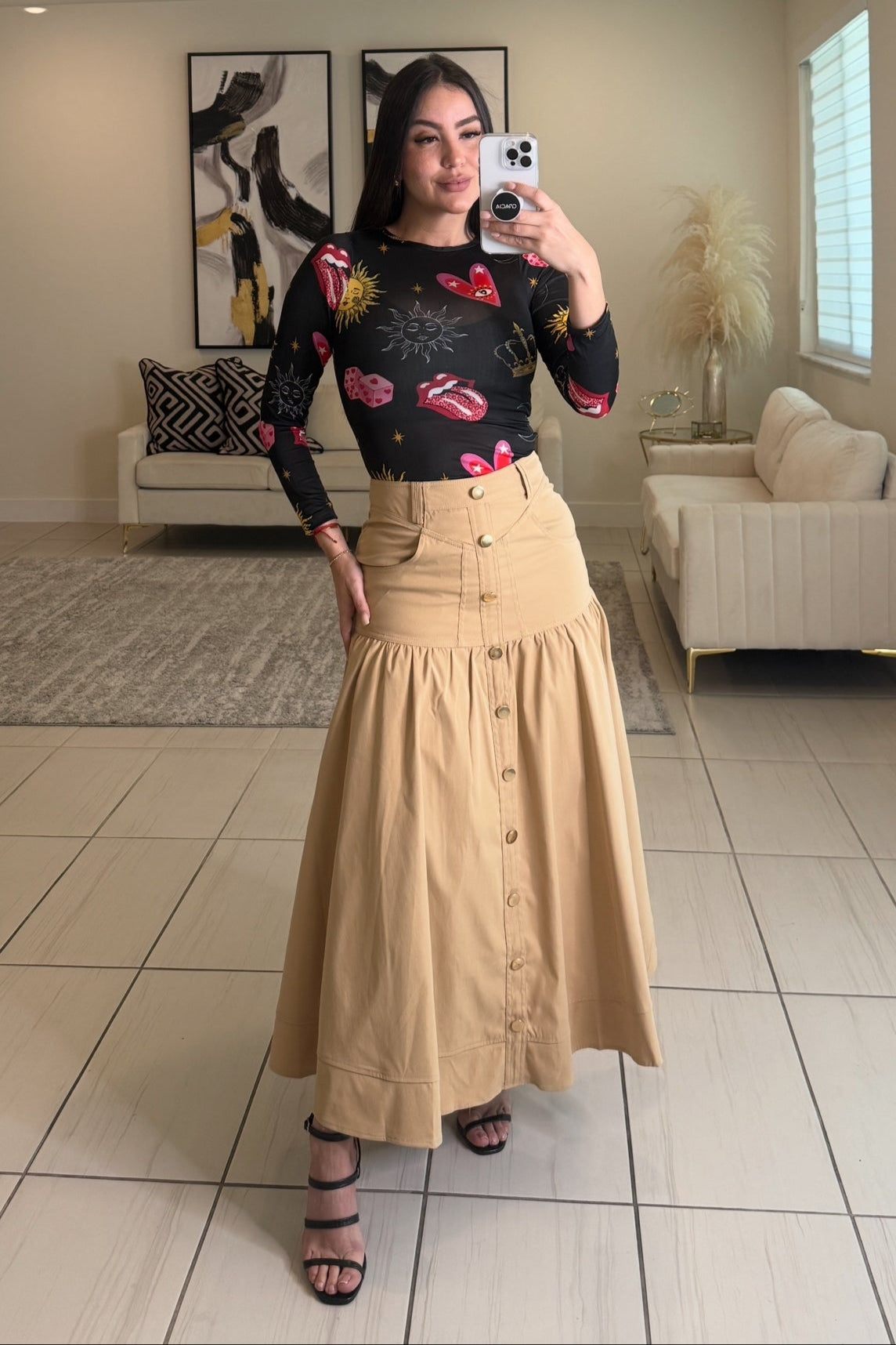 Vibe Check Khaki Midi Skirt