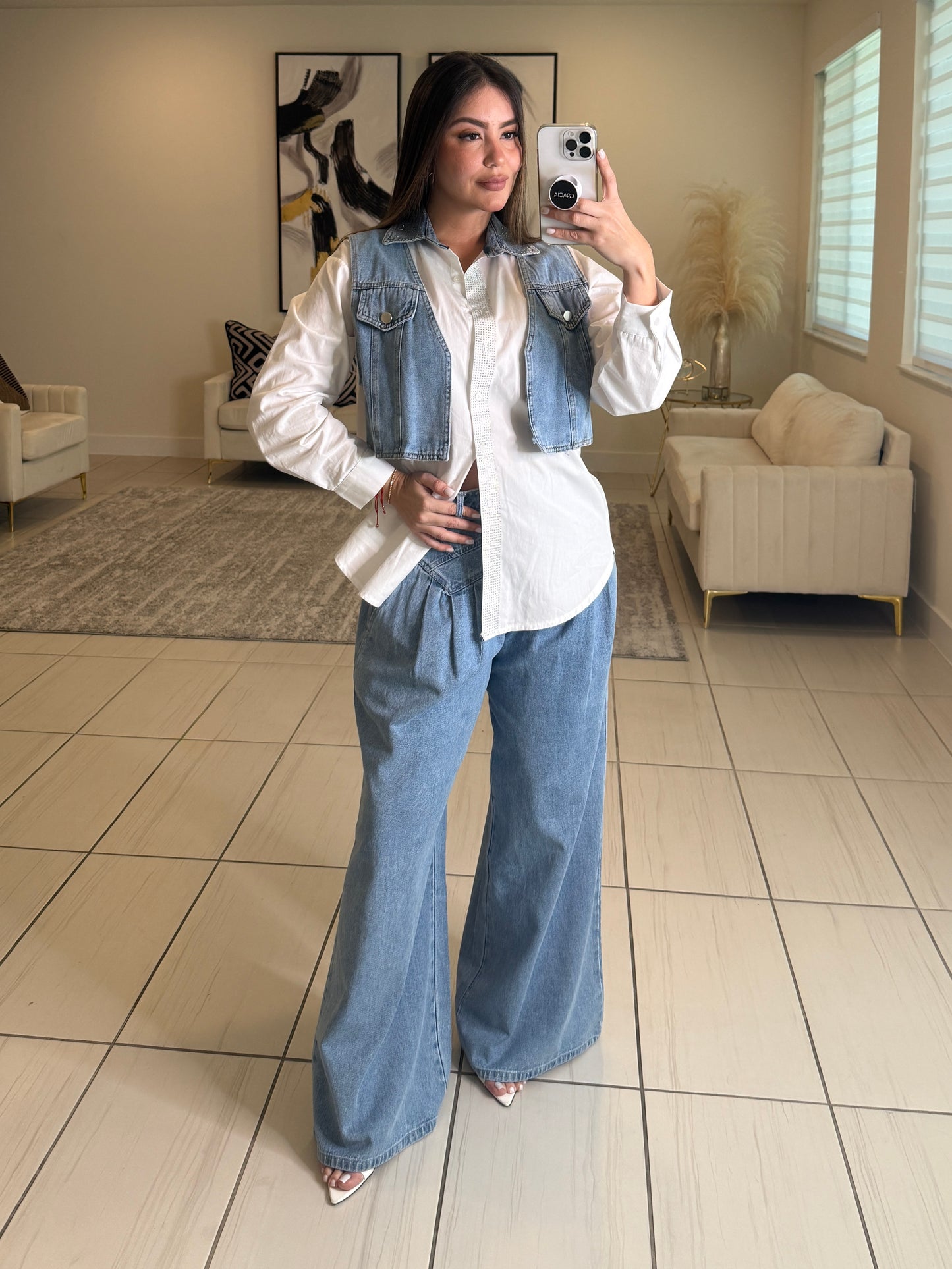 Pintuck Wide Leg Denim Pants