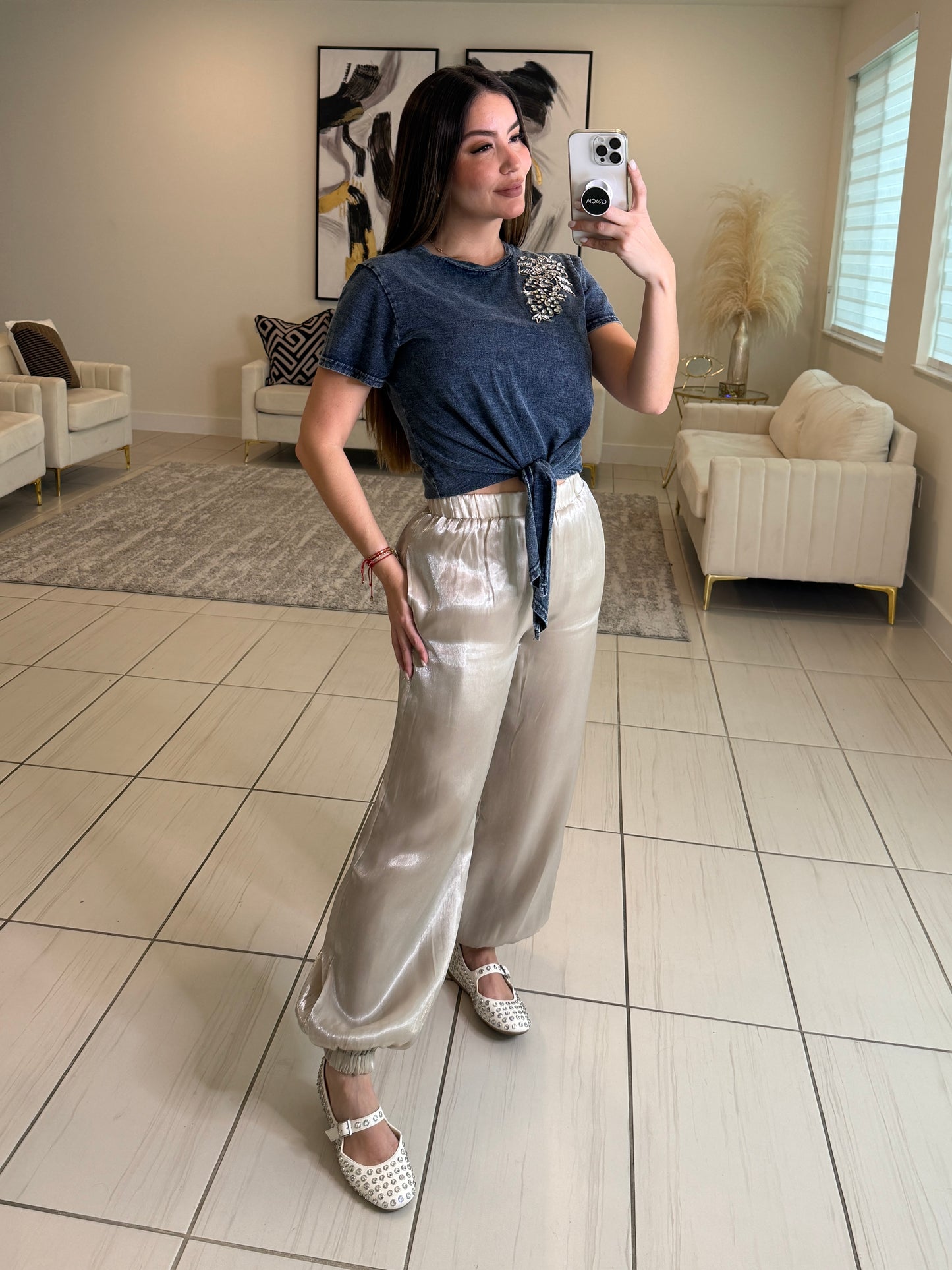 Reflective Beige Balloon Pants