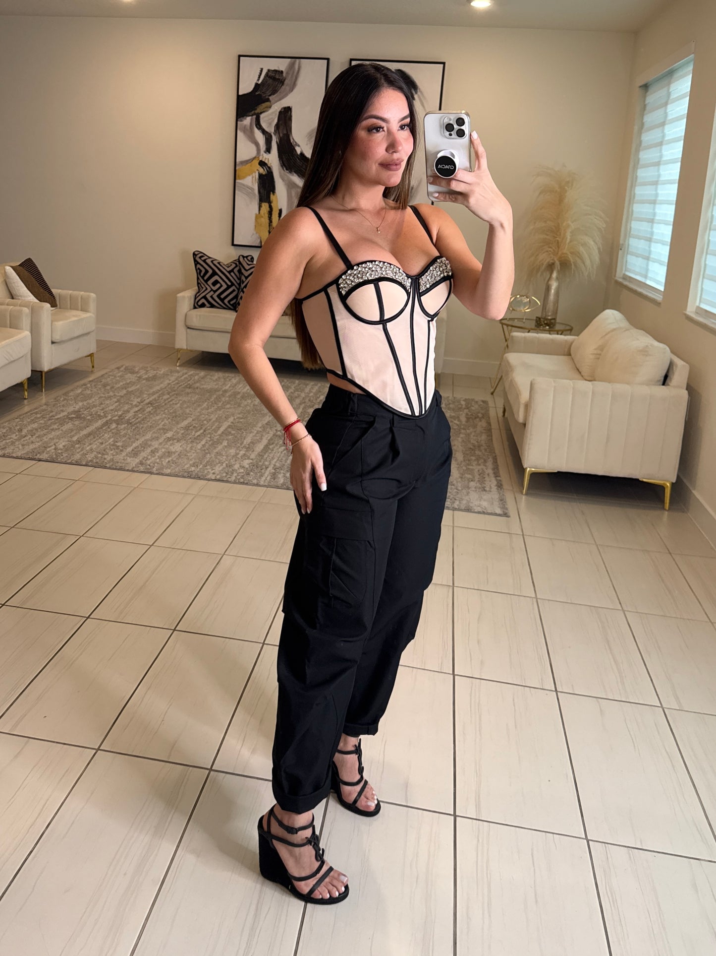 Luxe Rhinestone Beige and Black Corset Top