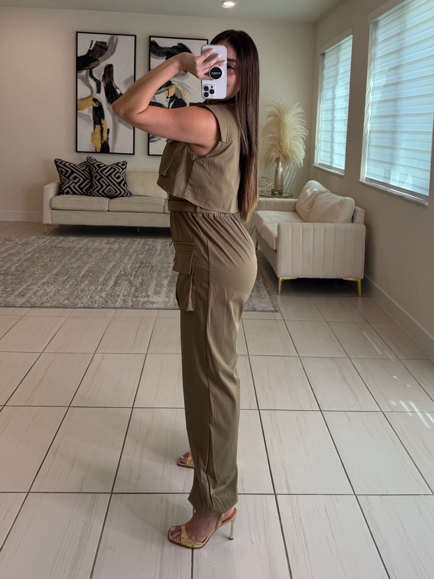 Forgive The Night Ruched Taupe Jumpsuit