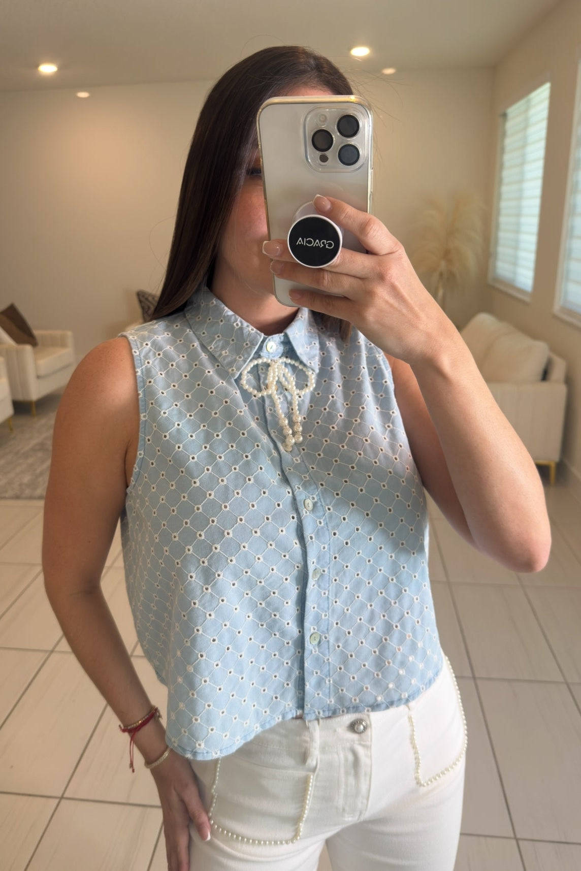 Pearls Bow Light Blue Top