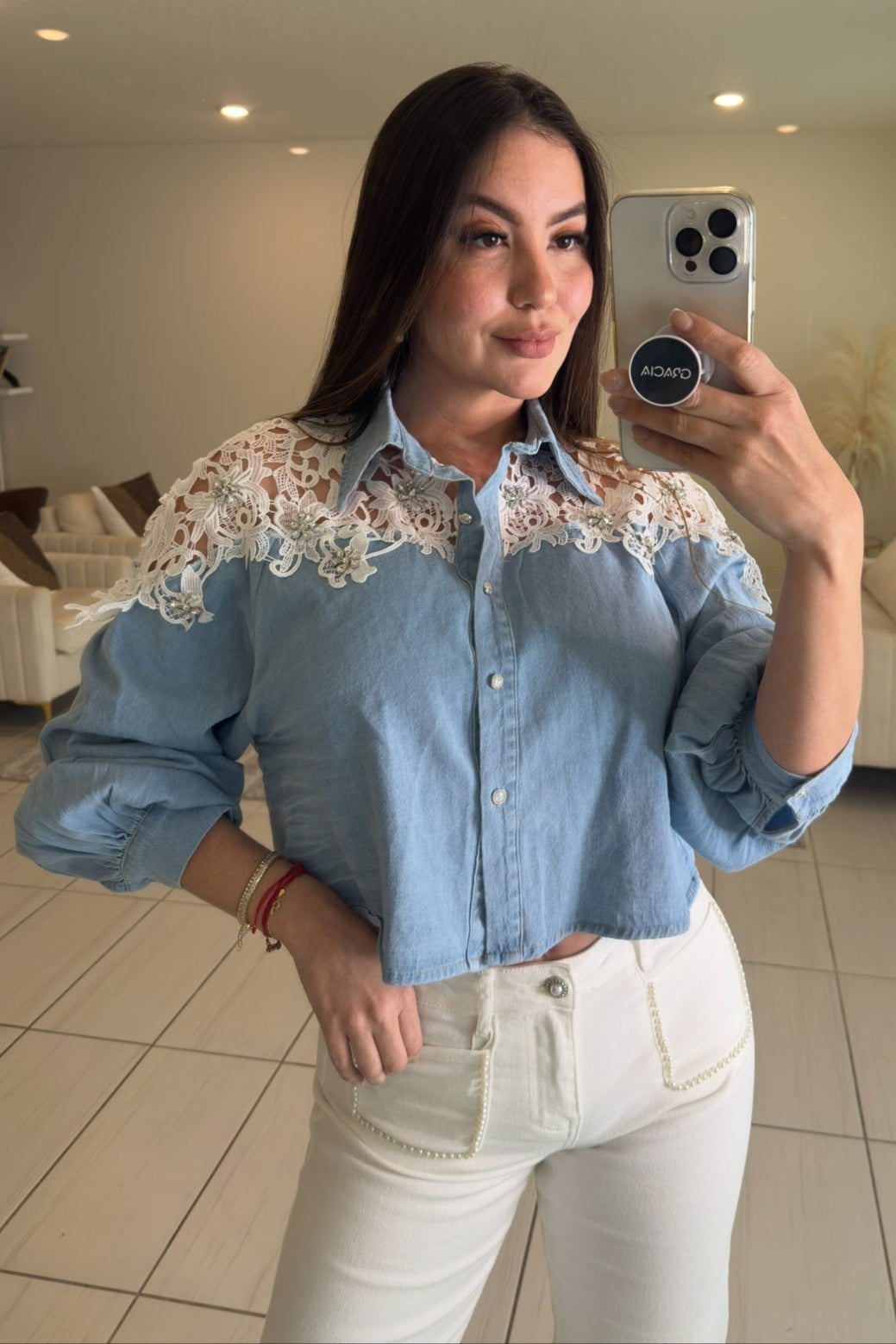 Regal Charm Lace Denim Top