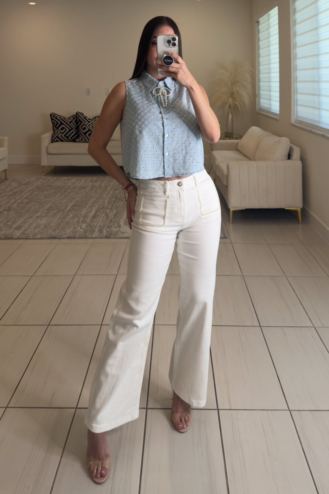 Pearls Bow Light Blue Top