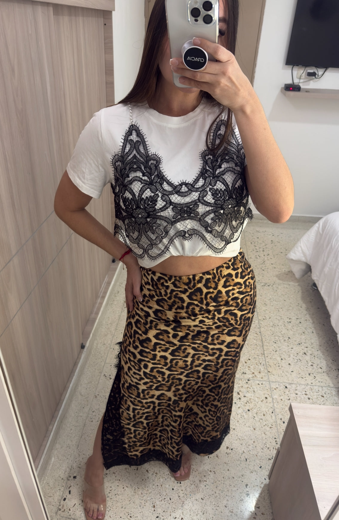 Leopard With Black Lace Midi Skirt