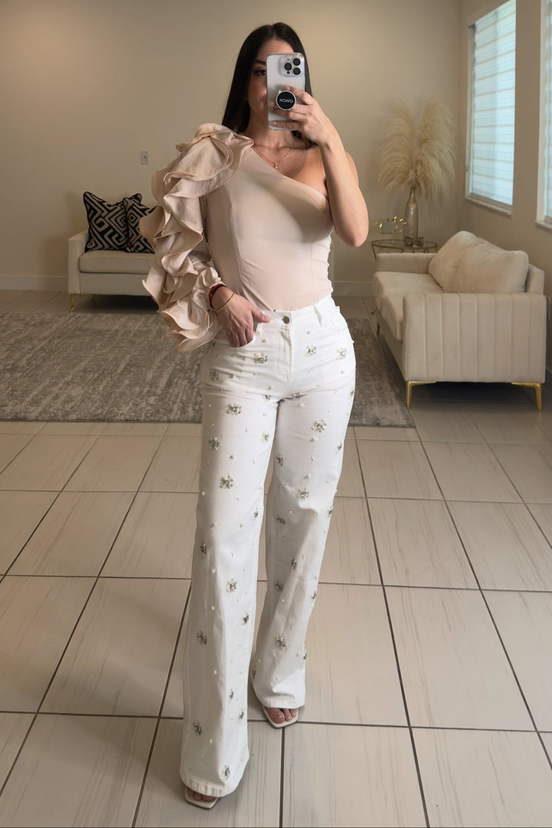 Ruffles One Shoulder Beige Blouse