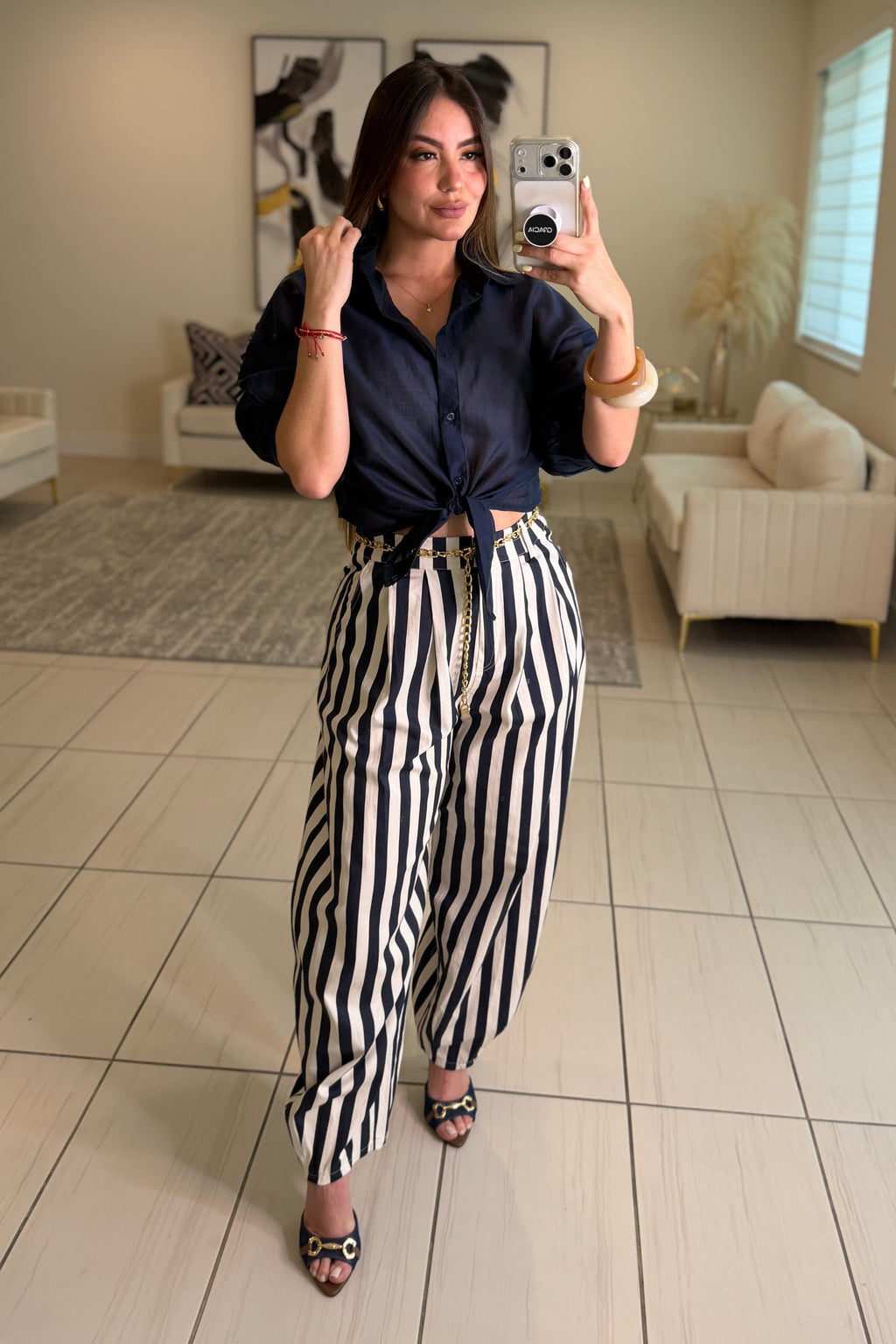 Italian Stripes Navy Blue Barrel Pants