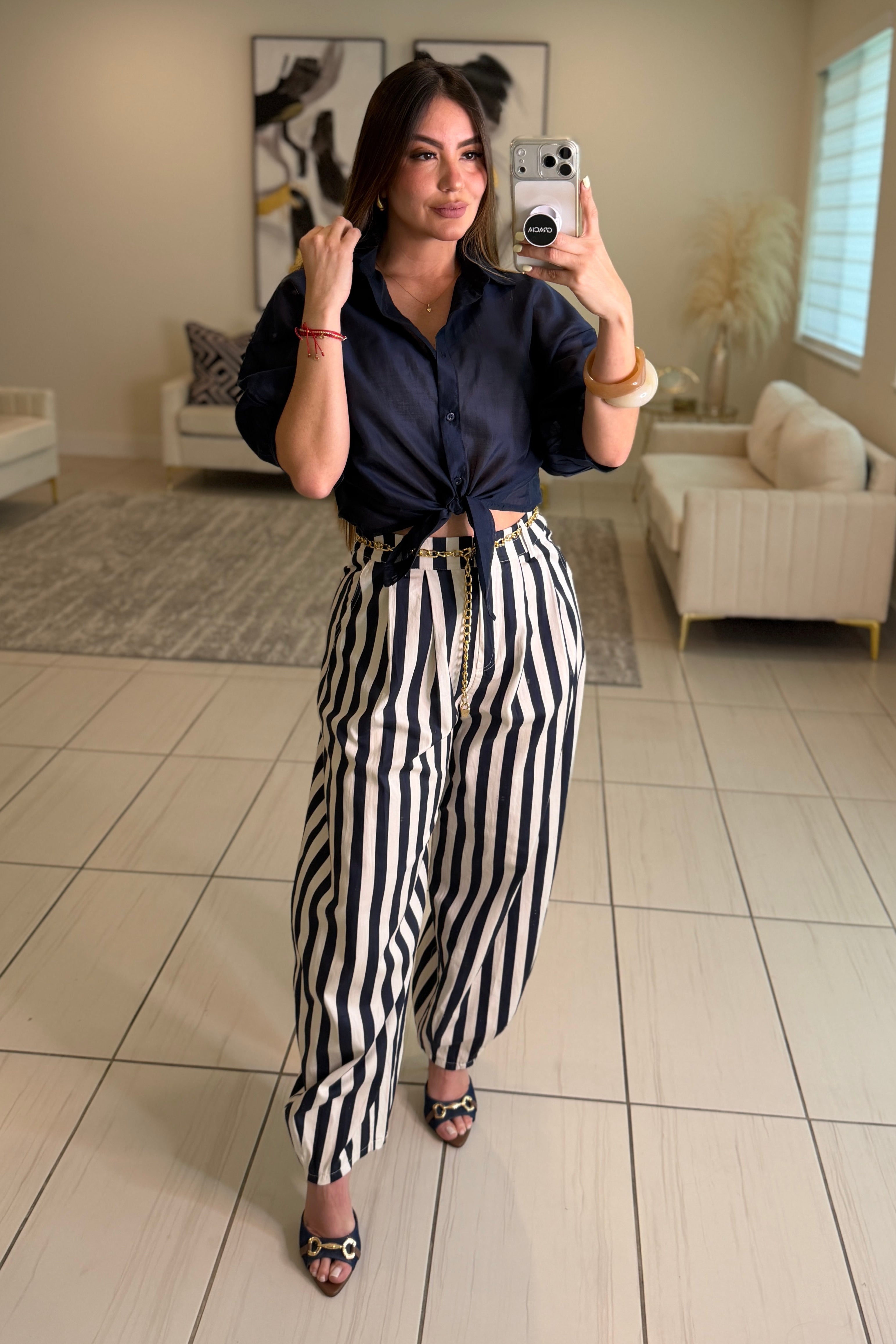Italian Stripes Navy Blue Barrel Pants