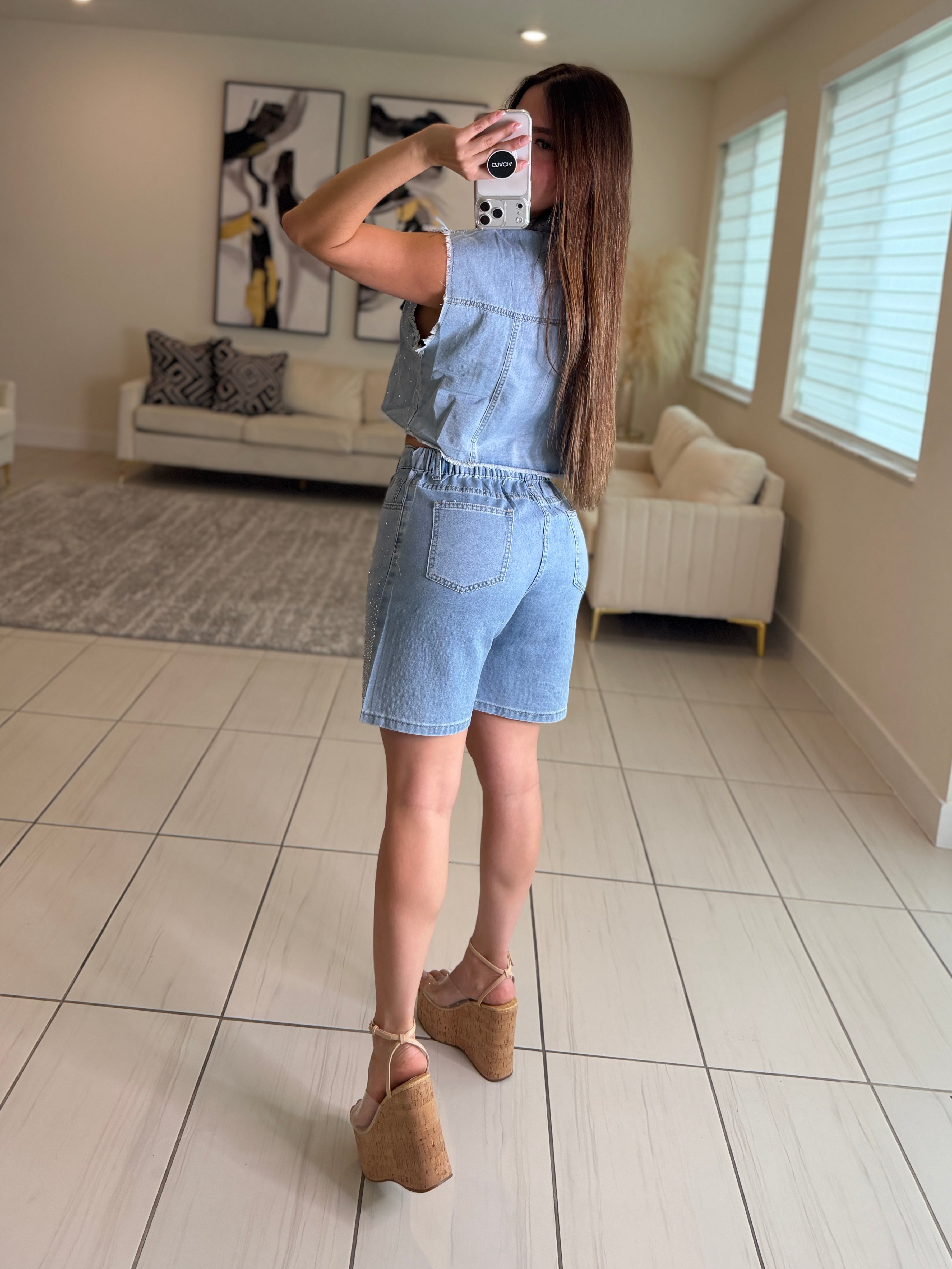 Rhinestones Muse Denim Short Set