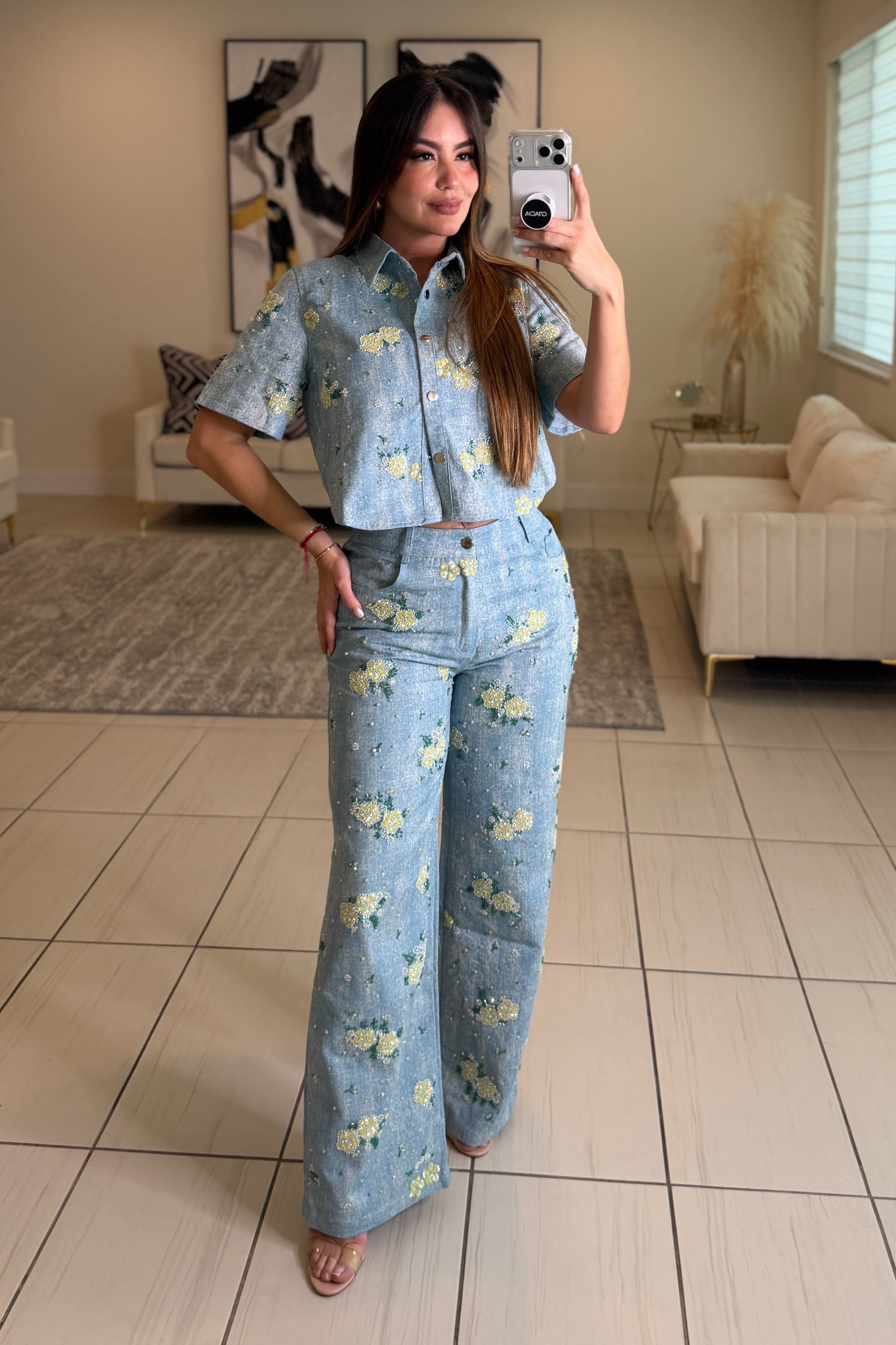 Blossom Sequin Denim Pant Set