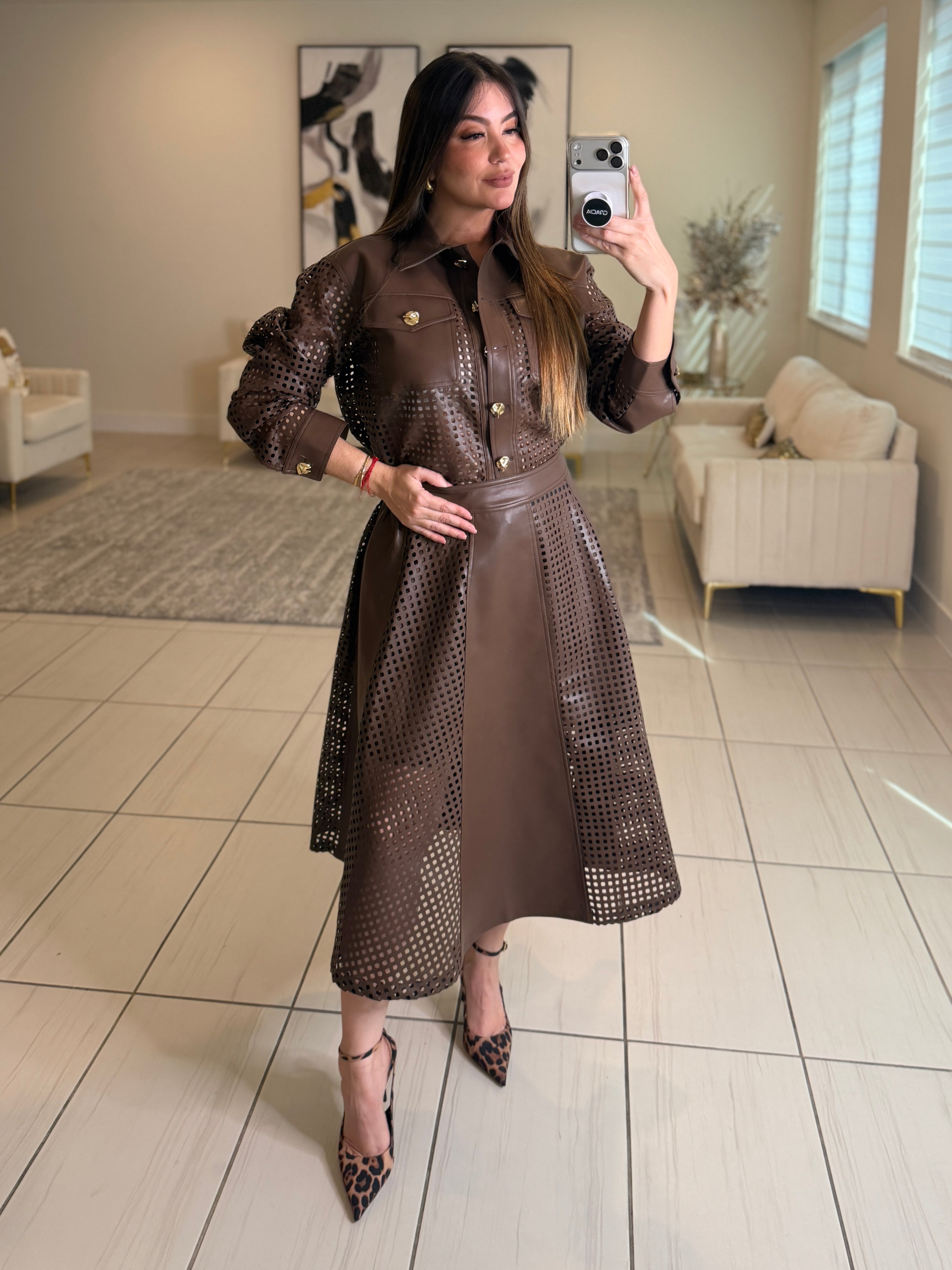 Luxe Faux Leather Brown Skirt Set