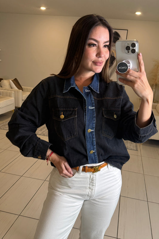 Iconic Contrast Black and Blue Denim Jacket