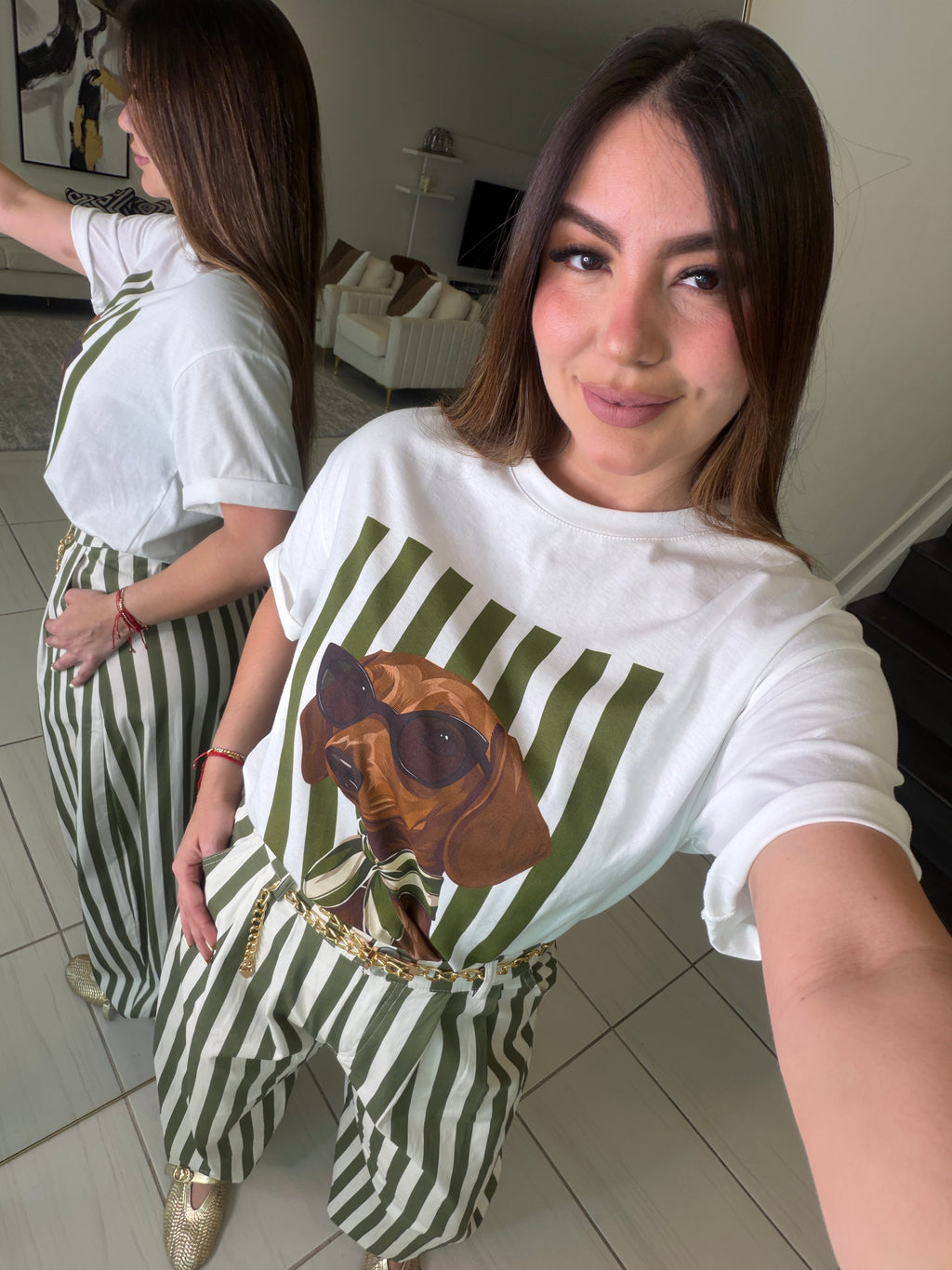 Chic Puppy Stripes White Tshirt